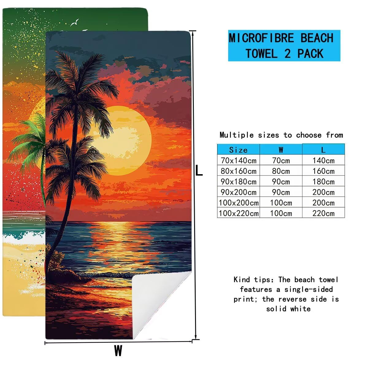 Ręcznik plażowy XXL, 100 x 200 cm, zestaw 2 szt., ręcznik do sauny, ręcznik z mikrofibry, szybkoschnący, sportowy ręcznik do studia fitness, lekki ręcznik kąpielowy, duży, bez piasku, ręcznik plażowy