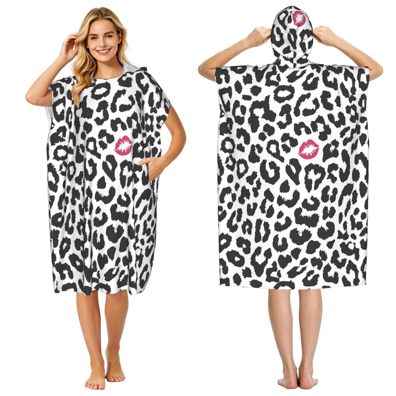Poadnly Animal Print With Kiss Shape, Adult Hooded Beach Towel 90 x 110 cm,Changing Bath Robe, Surf Poncho Towel For Women Men