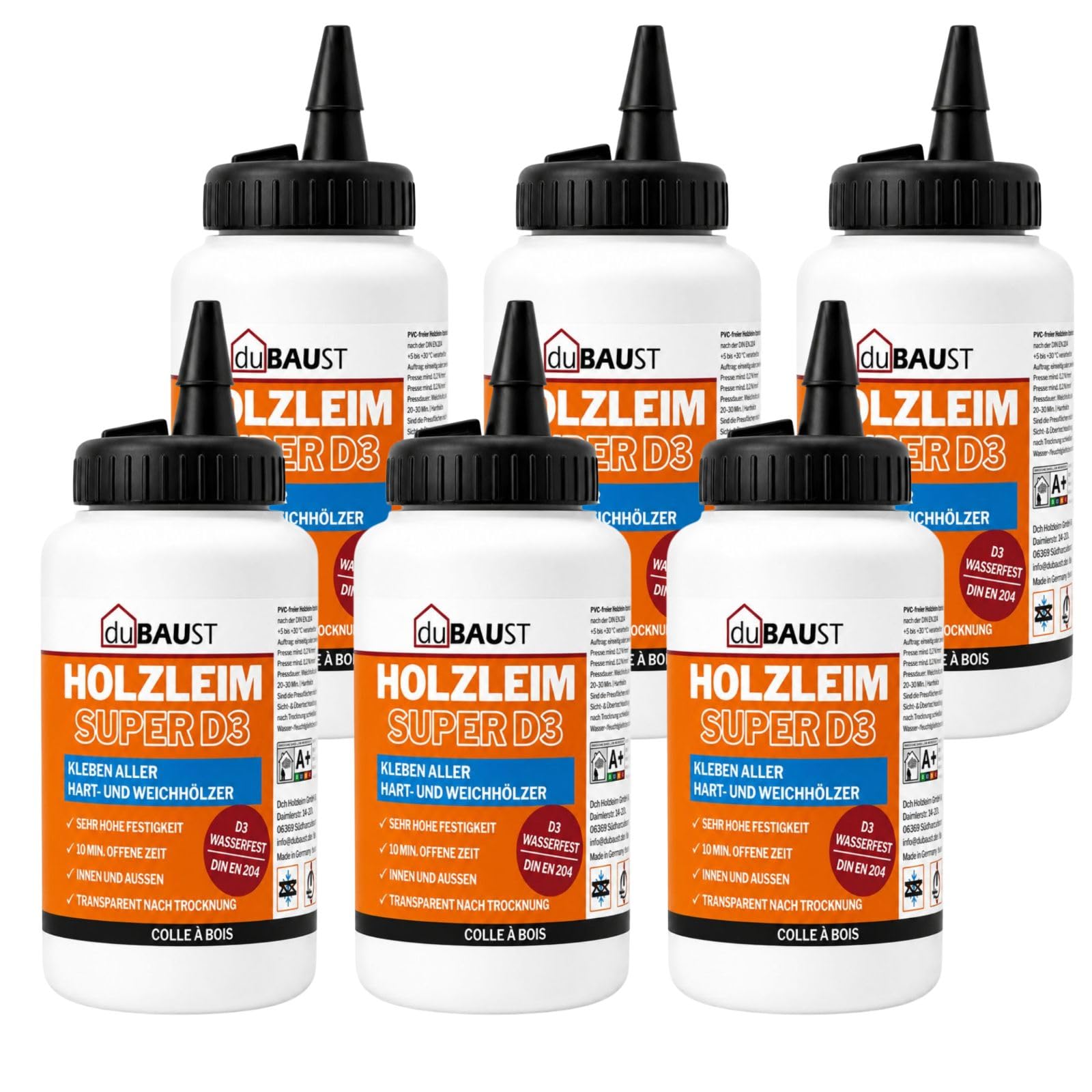 6x dubaust WOD24 Schnelltrocknender D3 Holzleim, wasserfest, für Hartholz und Weichholz, weiss - nach dem Aushärten transparent 500g Flasche