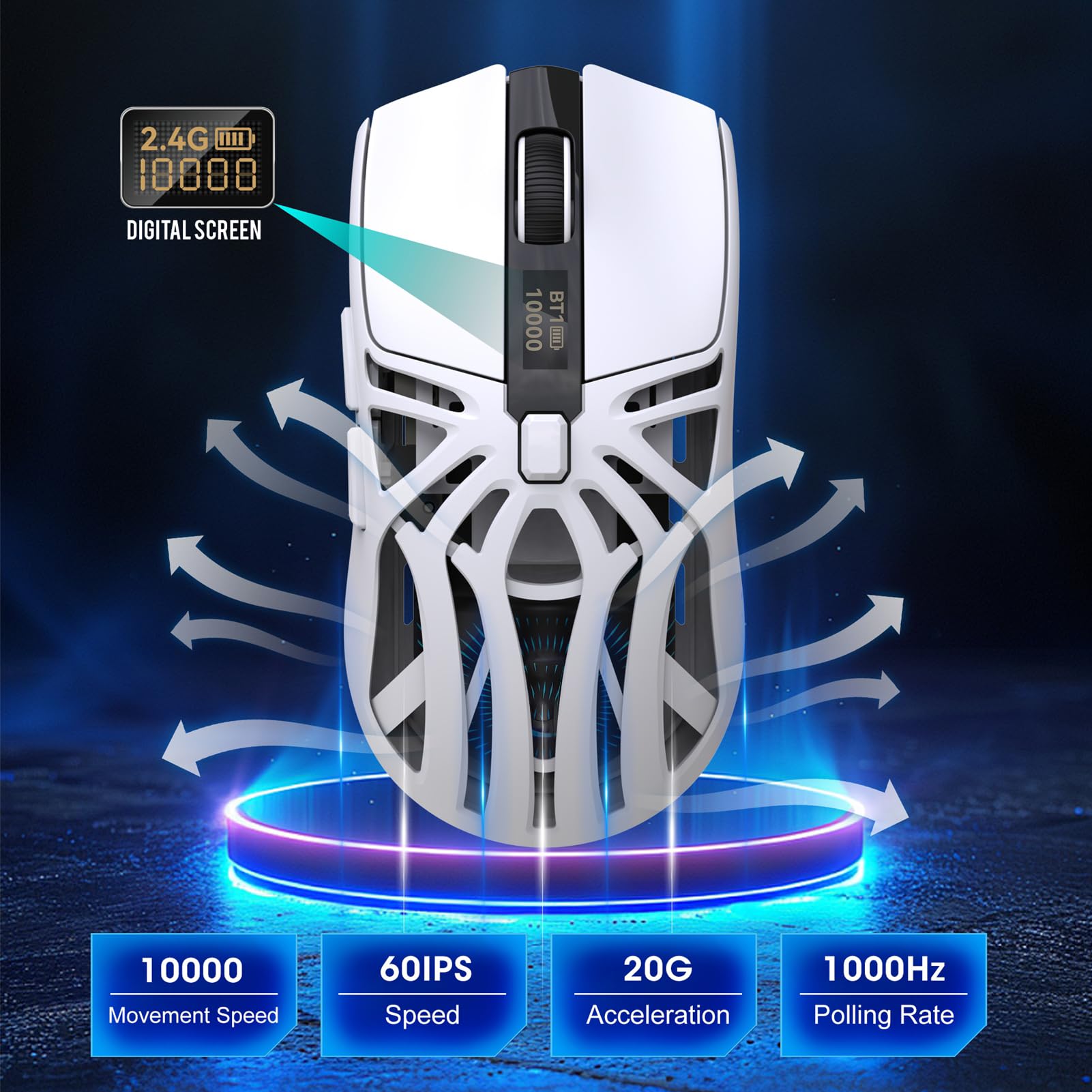 Ratón Gaming Inalámbrico Tri-Modo 2.4G/BT5.3/Cable, Luz Intermitente de 7 Colores 10000DPI Programable, Recargable Batería 500mAh, Ligero 75g para PC Portátil Mac