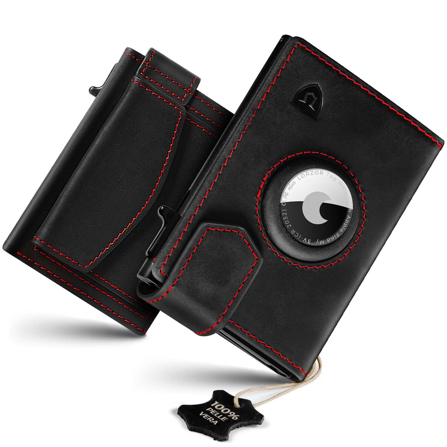 LORZOR Portafoglio Uomo Slim Airtag con Portamonete XXL, Porta Carte di Credito in Pelle con Protezione RFID, Portacarte Uomo Pop-up con Chiusura Magnetica,Wallet per 10 Carte, Porta Tessere Tascabile
