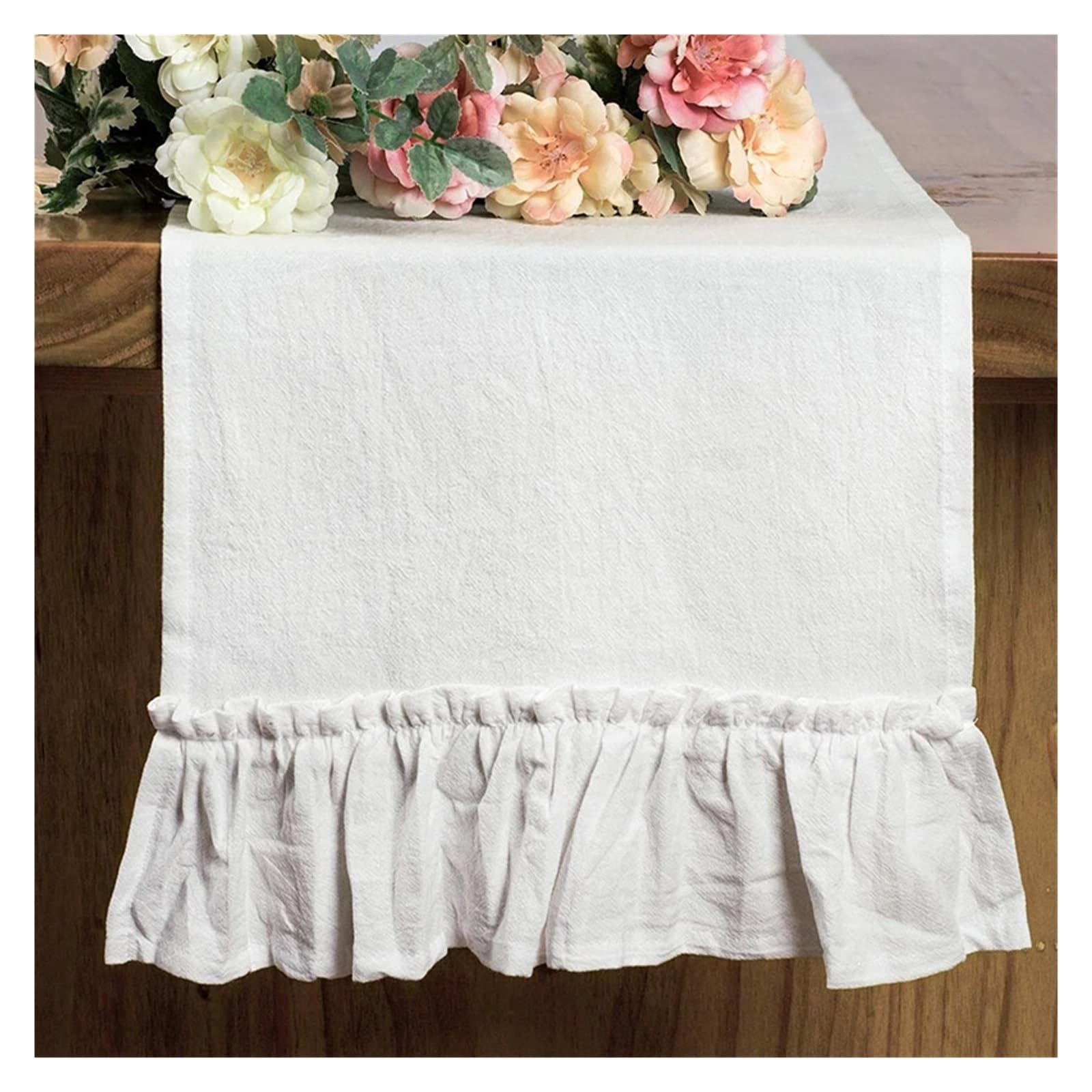 Ruffle Table Runner Cotton Ruffle White Table Runners for Rustic Wedding Decoration Birthday Party Living Room(WHITE,30X180CM 1pc)