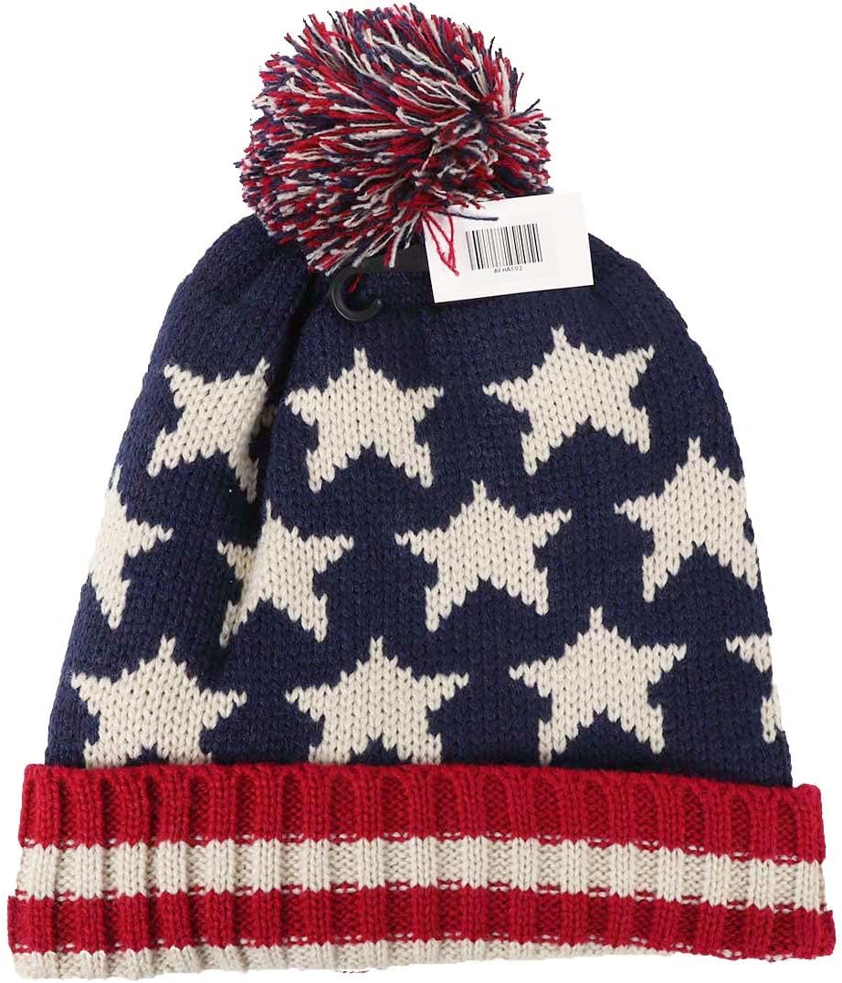 Parquet American Flag Knit Pom Beanie Ski Hat with Stars - Image 6