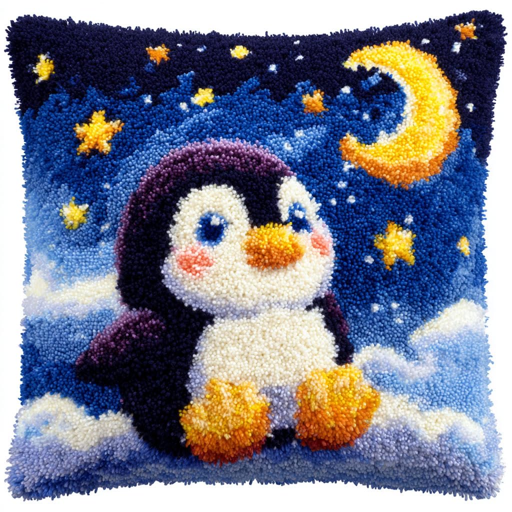 Henypt DIY Latch Hook Cushions Kits Animal Penguin Pillow Case Cushion Embroidery Kits Latch Hook Pillow Kit 43x43cm