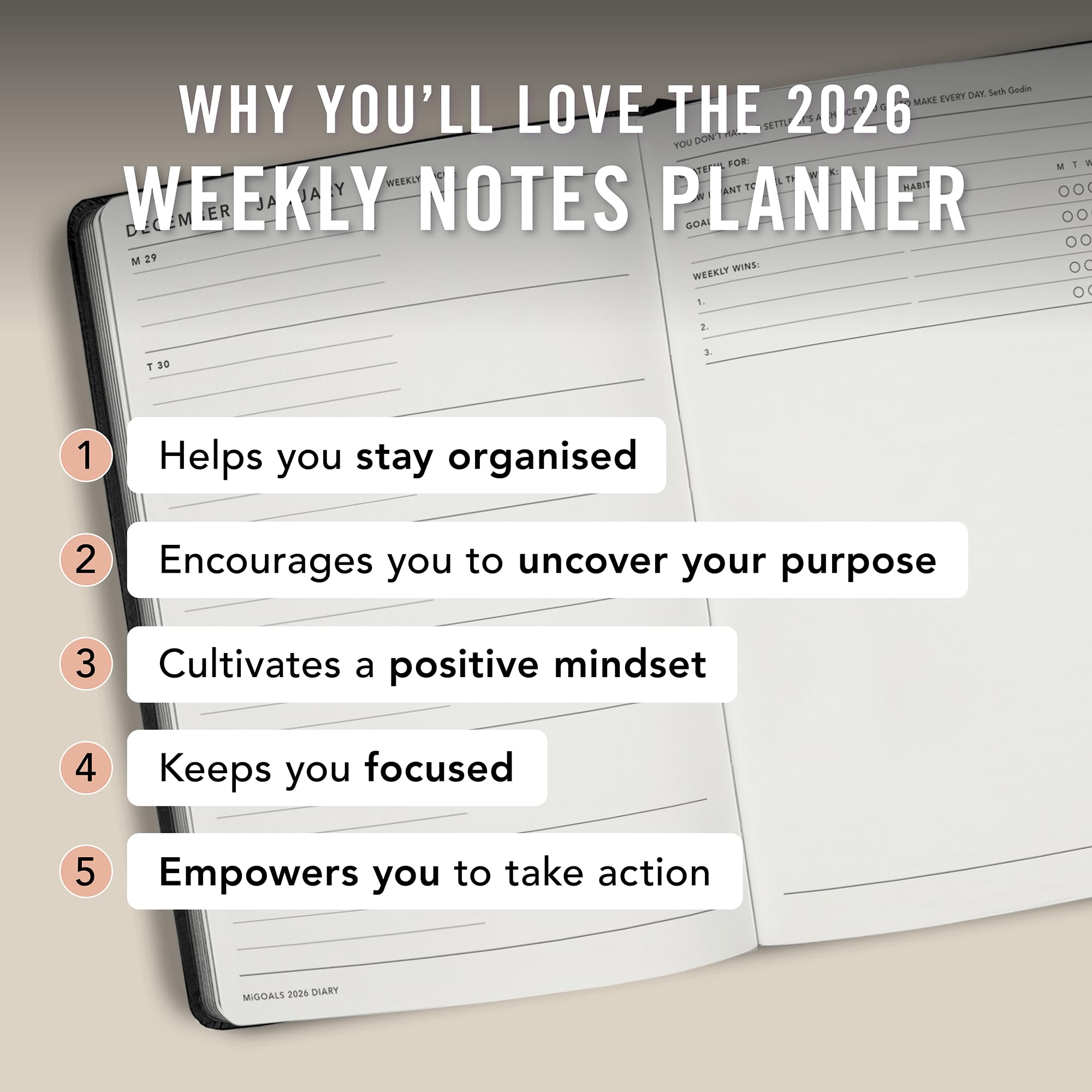MOXON MiGoals 2026 A5 Weekly Notes Goal Diary, Goal Planner, Productivity Journal, Habit Tracker, Weekly Notes Layout with Goal Setting, Reviews and Budget Tracker (Black) - Image 2