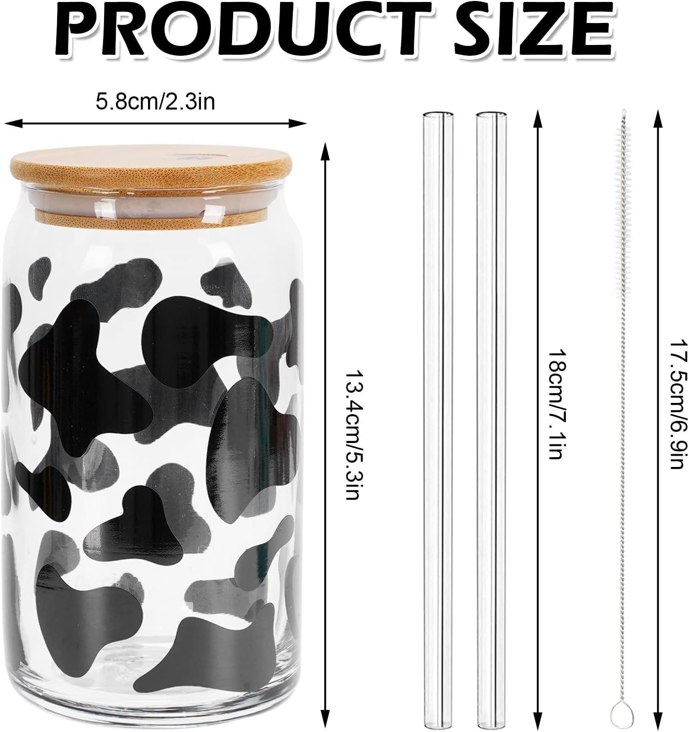 Whaline 2 Pack Cow Drinking Glasses 16oz Cow Print Glasses Cup Cute Cow Ice Coffee Cup with Lids Glass Straw Cleaning Brushes for Cocktails Whiskey Beer Soda Gifts