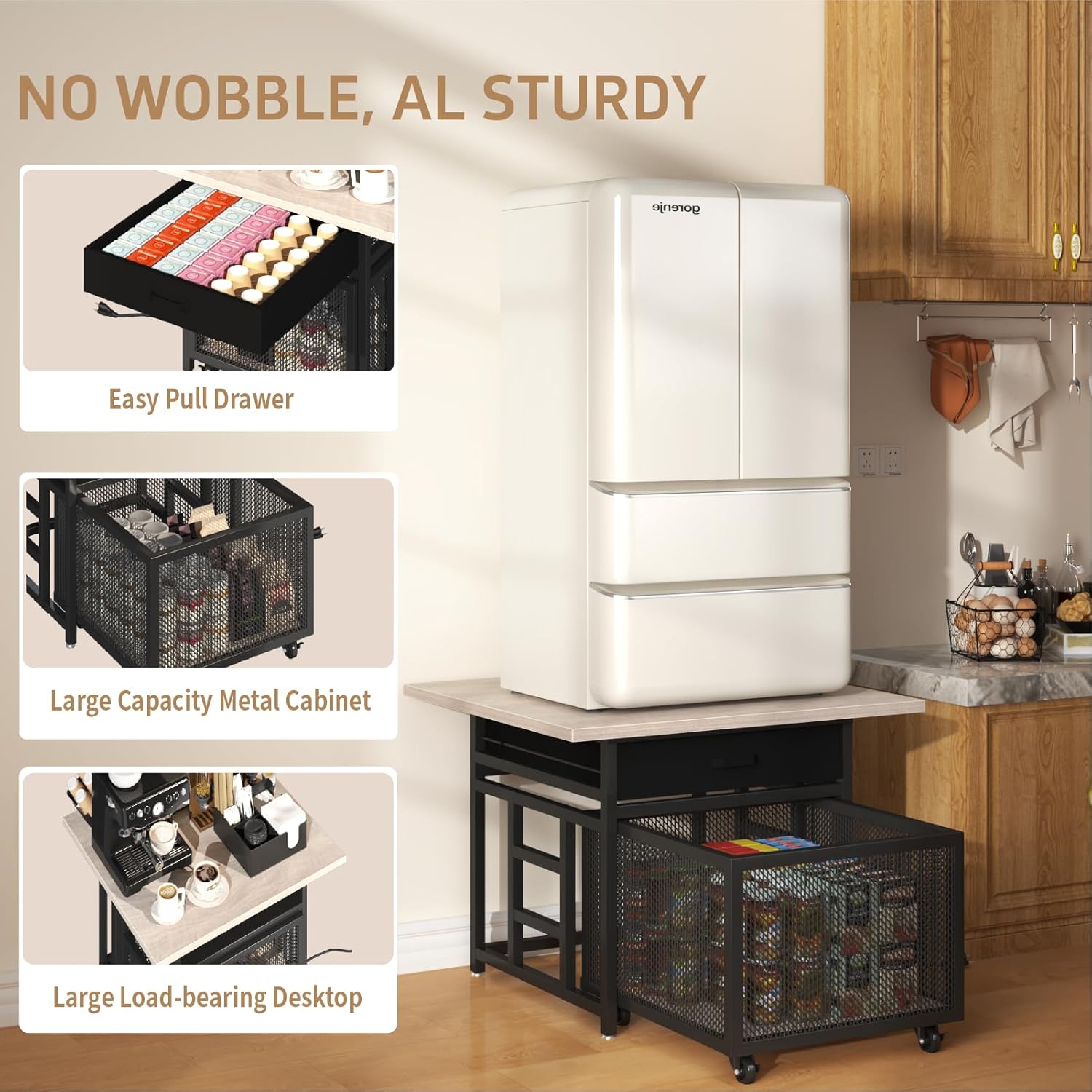Mini Fridge Shelf with Storage and Wheels ，Mini Fridge Stand with Power Socket with Large Storage Drawer, for 220LBS Refrigerator，for Kitchen、Living Room、Dorm