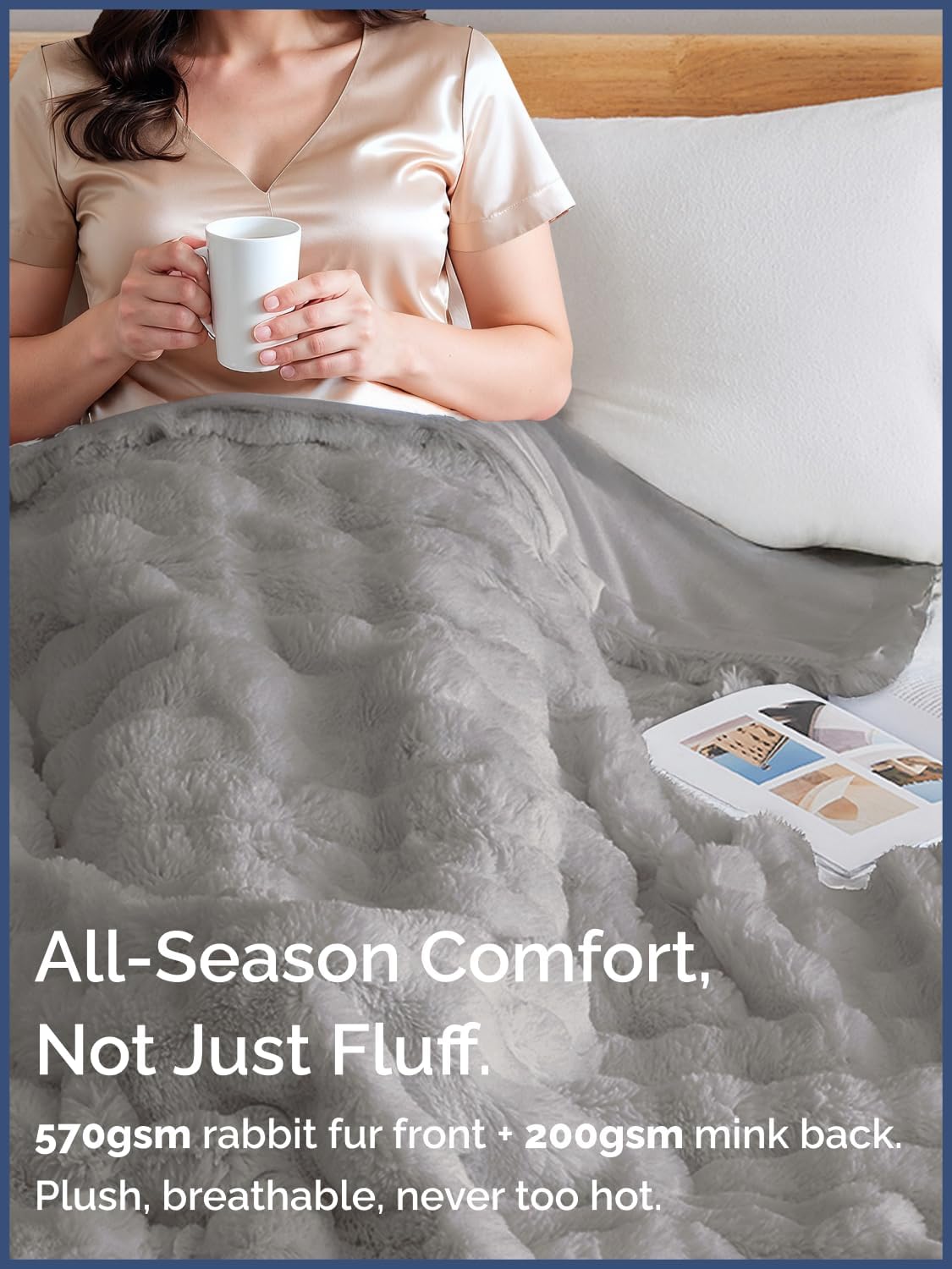 Fluffy Throw Bubble Blanket Twin Size - Faux Fur Throw for Couch or Bed - Plush Soft Extra Thick Faux Fur Rabbit Blanket - Comfy, Warm and Breathable - Luxury Minky Tie Dye Bedding - 60" x 80", Grey