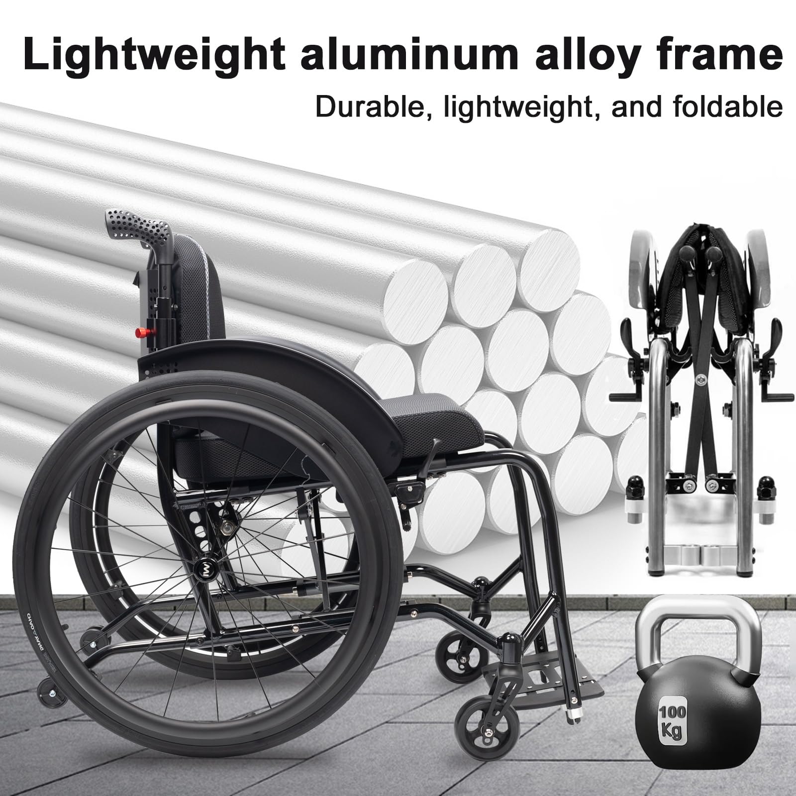 Lekki, składany sportowy wózek inwalidzki dla dorosłych, wykonany z aluminium, z wygodnym, wyściełanym oparciem, odpowiedni dla osób o wzroście od 170 do 190 cm (szer. x wys. x gł.): 40 cm