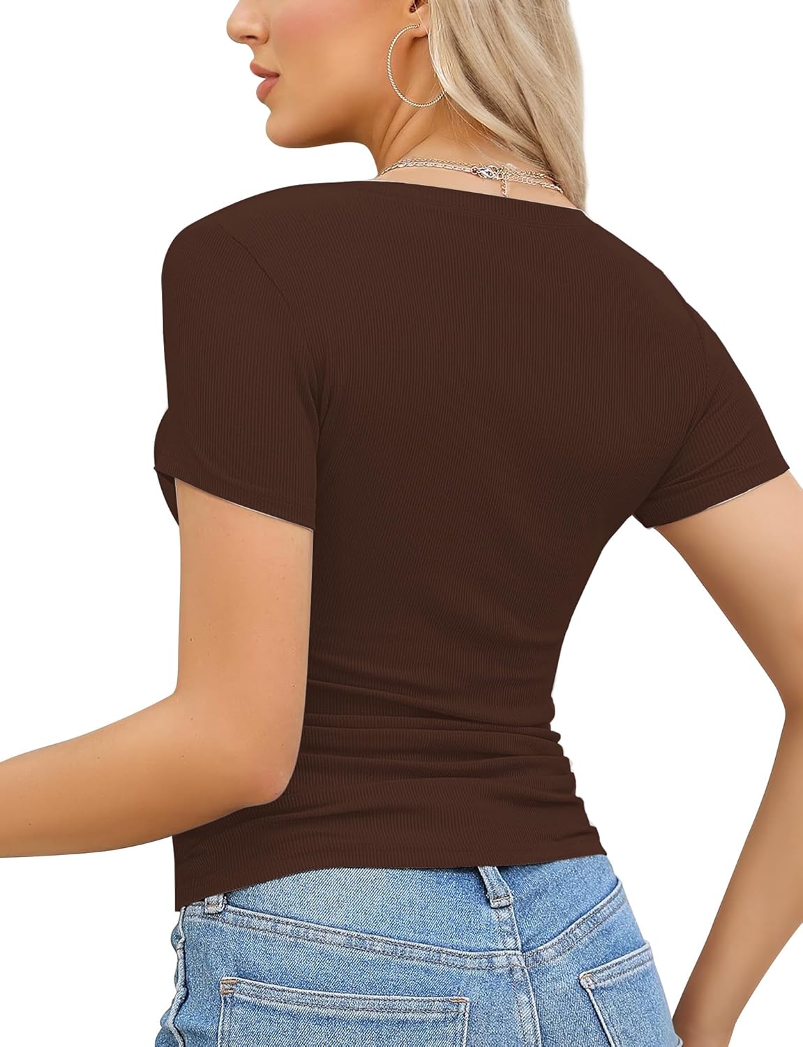 Buauty Womens Tops V Neck Short Sleeve Shirt Dressy Casual Summer Trendy T Shirt Ribbed Fitted Sexy Cute Tee Tops 2XL Coffee - Image 2