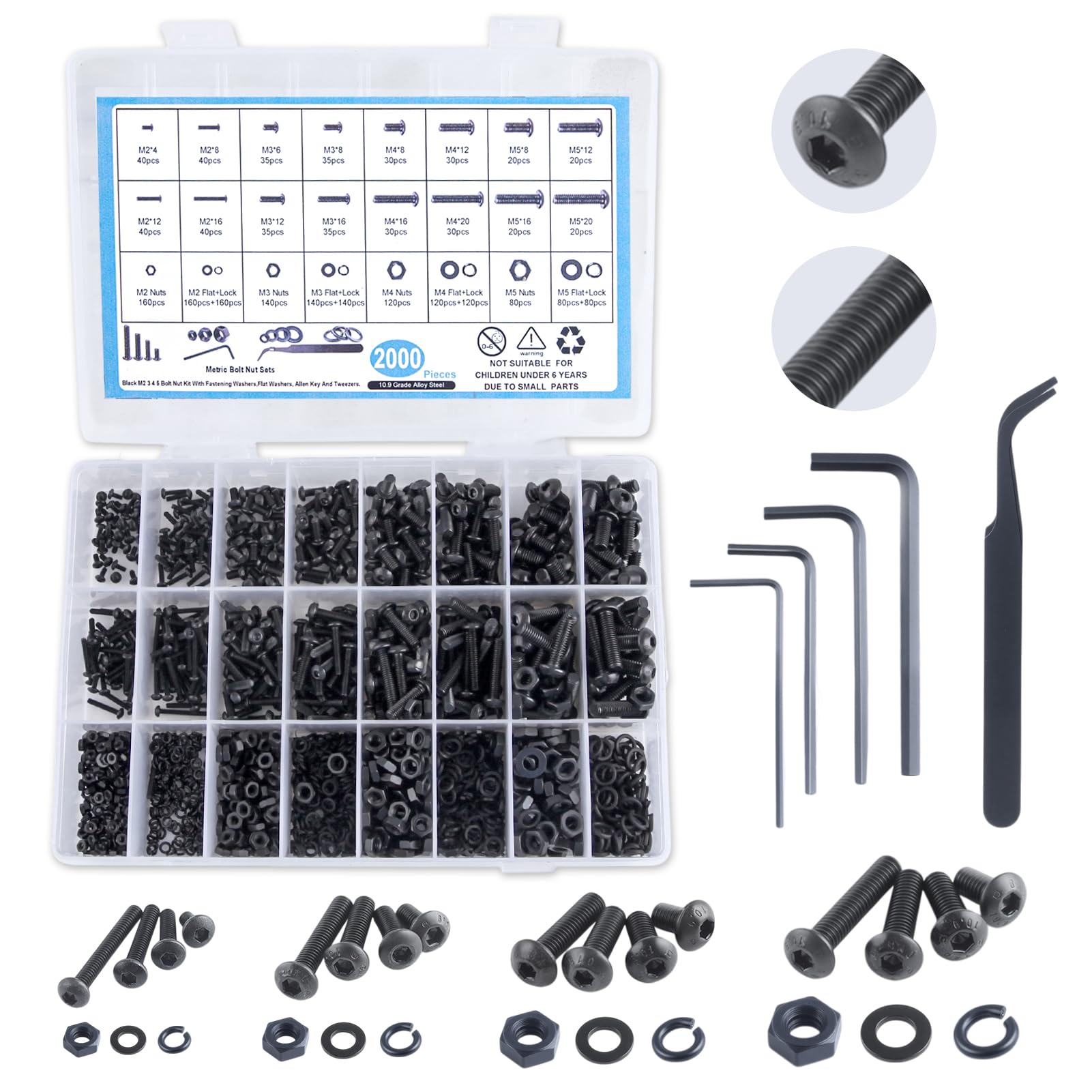 SPEEDWOX Metric Screw Assortment 2000PCS Metric Bolt Assortment Kit M2 M3 M4 M5 4mm-20mm with Lock and Flat Washers Hex Button Head Grade 10.9 Alloy Steel Nuts and Bolts Kit with 4 Hex Wrenches