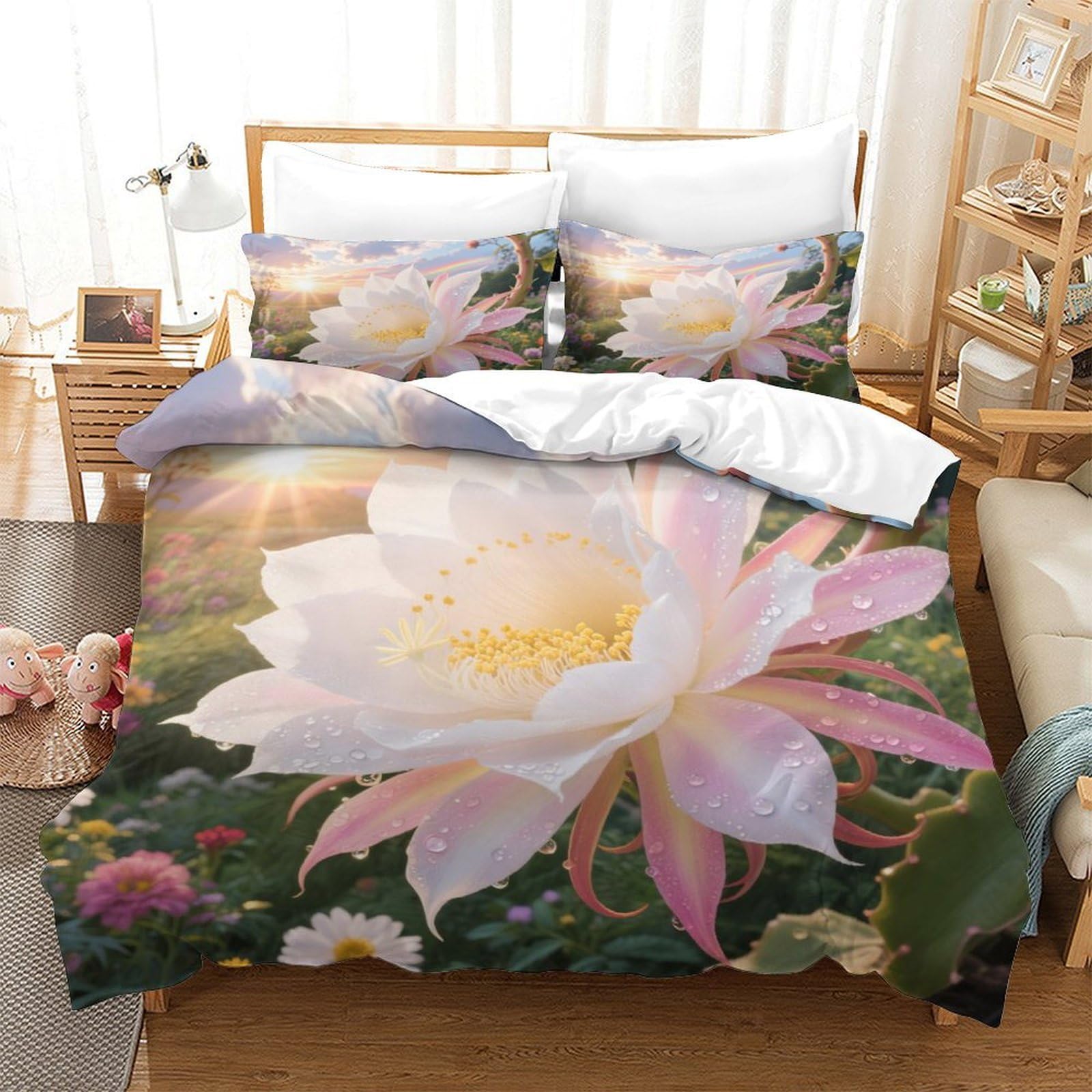 Parure de lit Épiphylle imprimée en 3D 140x200cm en microfibre douce avec taie d'oreiller pour enfant