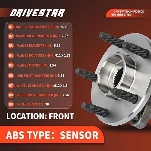 Miniatura 3 de DRIVESTAR 513214 Buje de rueda delantera y conjunto de rodamientos para Chevrolet Malibu 2004-2012, 2005-2010 para Pontiac G6, 2007-09 para Saturn
