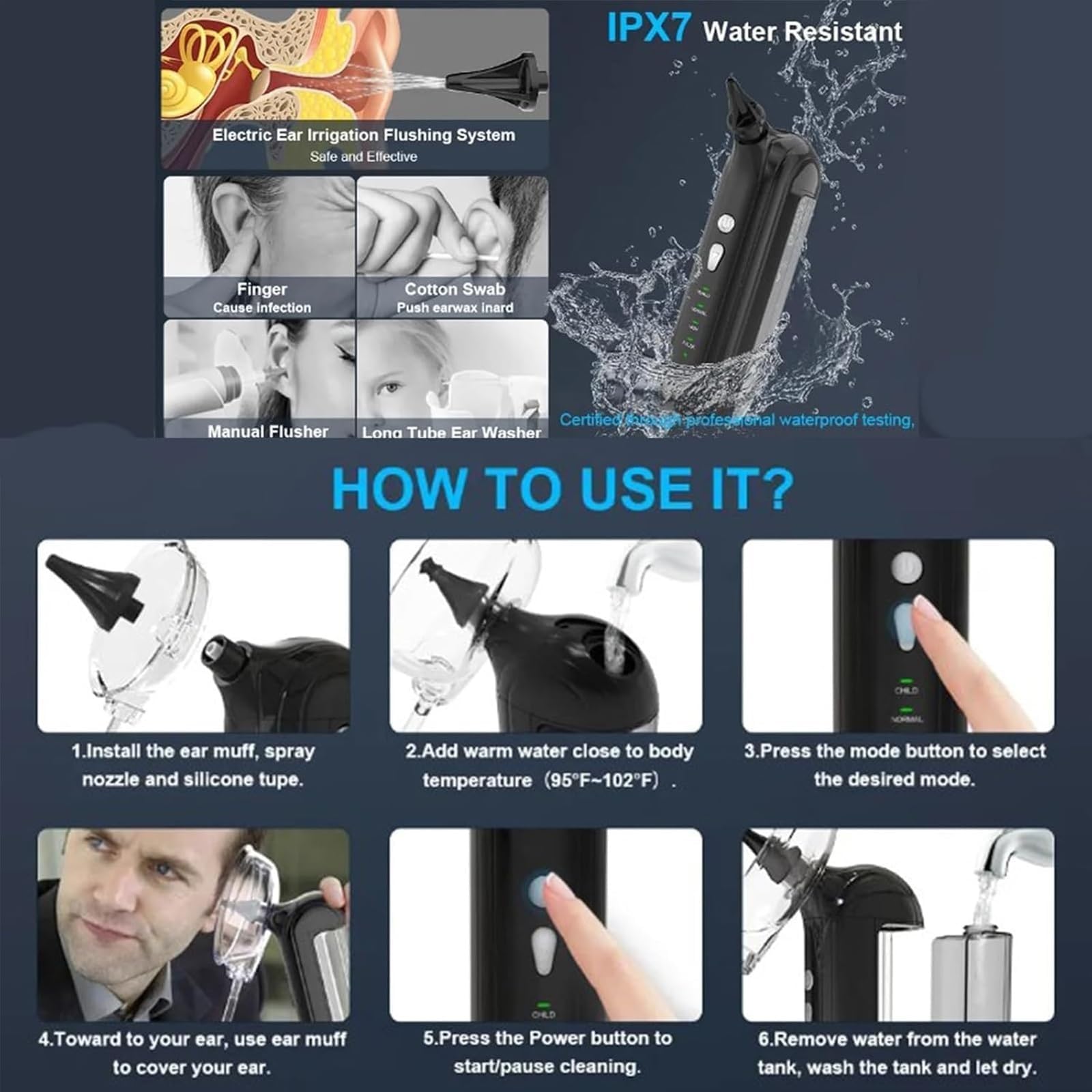 Limpiador de oídos eléctrico (2024), Kit con 4 Modos de presión de Agua, eliminación de Cerumen, Limpieza de oídos for Adultos, Ideal for la higiene Personal y la Limpieza de oídos.(White)
