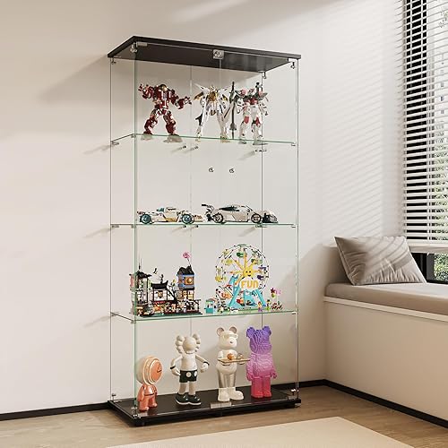 Miniatura 7 de APRILSOUL Glass Display Cabinet 4-Shelf with Double Door, Curio Display Cabinet with 5mm Tempered Glass, Floor Standing Bookshelf for Bedroom,