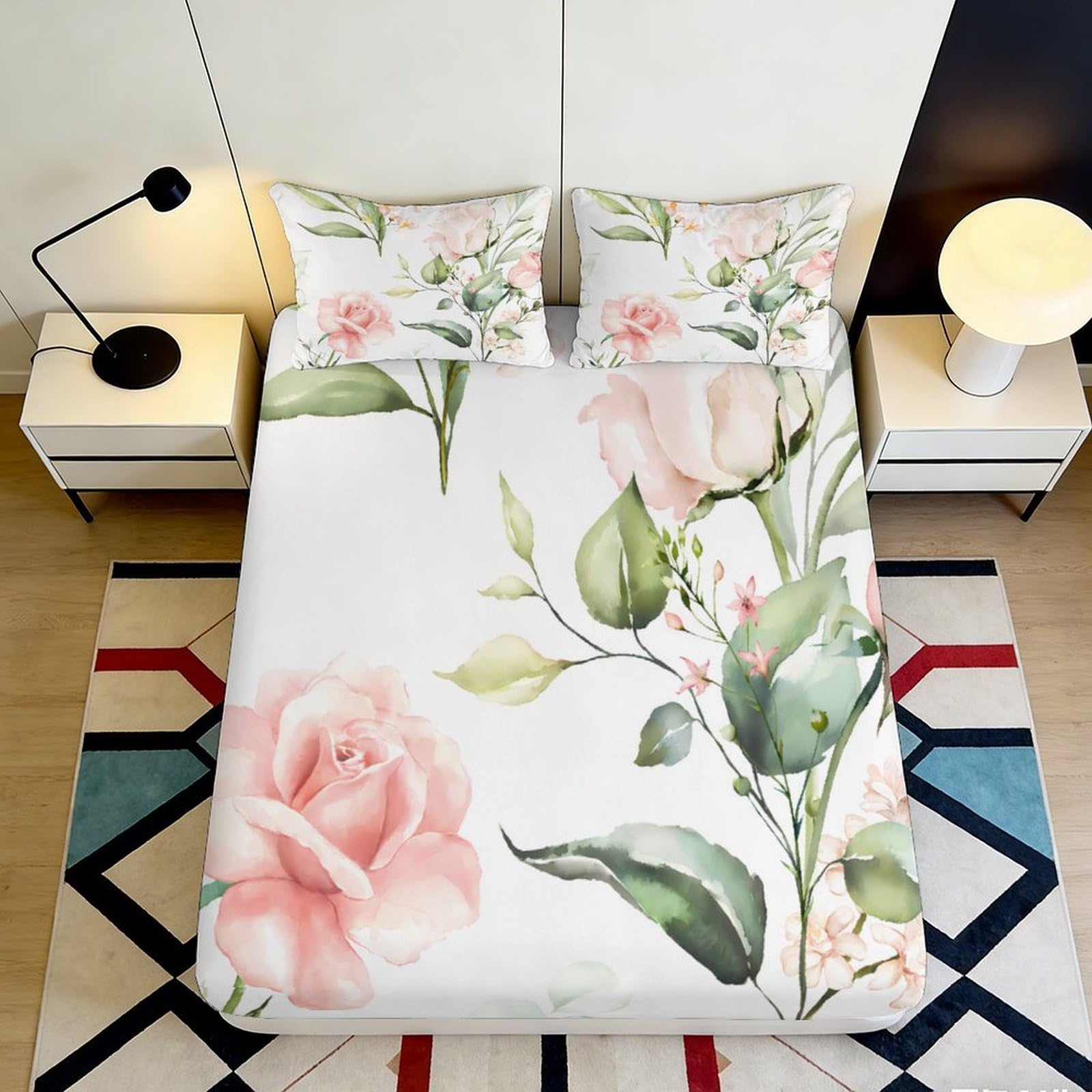 3D Printed Pink Peony Fitted Sheet Microfiber Floral Green Leaves Mattress Cover for Bedroom Guest Room Easy Care 90x200x25cm