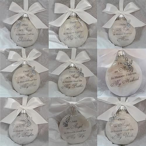 Miniatura 4 de Adornos conmemorativos de Navidad, bola de plumas con texto en inglés "I Have an Angel in Heaven" con un pequeño ángel de Navidad, para mamá, papá,