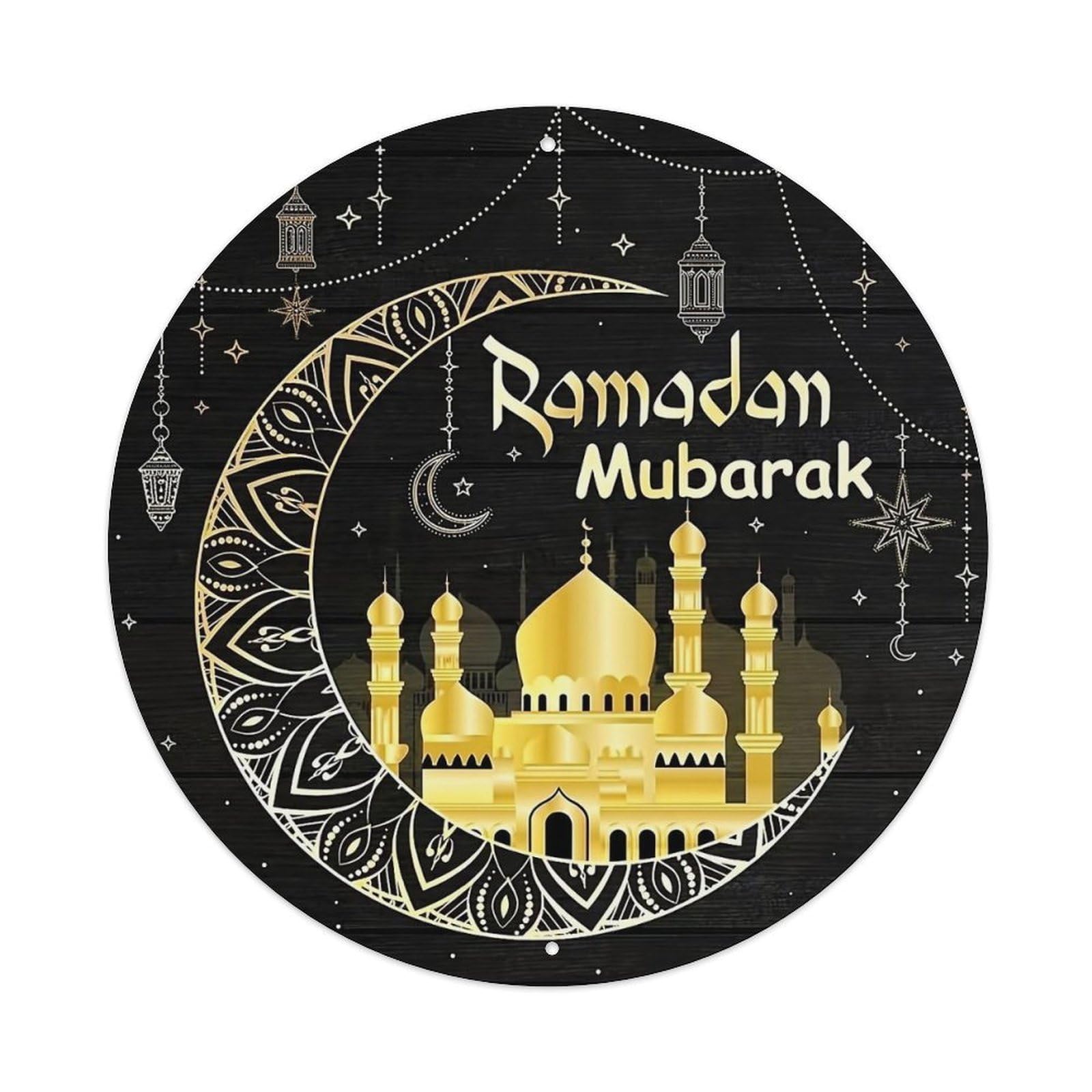 Ramadan Mubarak Crescent Mosque Design Retro Metal Tin Sign, Vintage Metal Poster for home, Gaming Room, Studio Workshop,Bar,Garage Wall Art Decor 8x8 inch