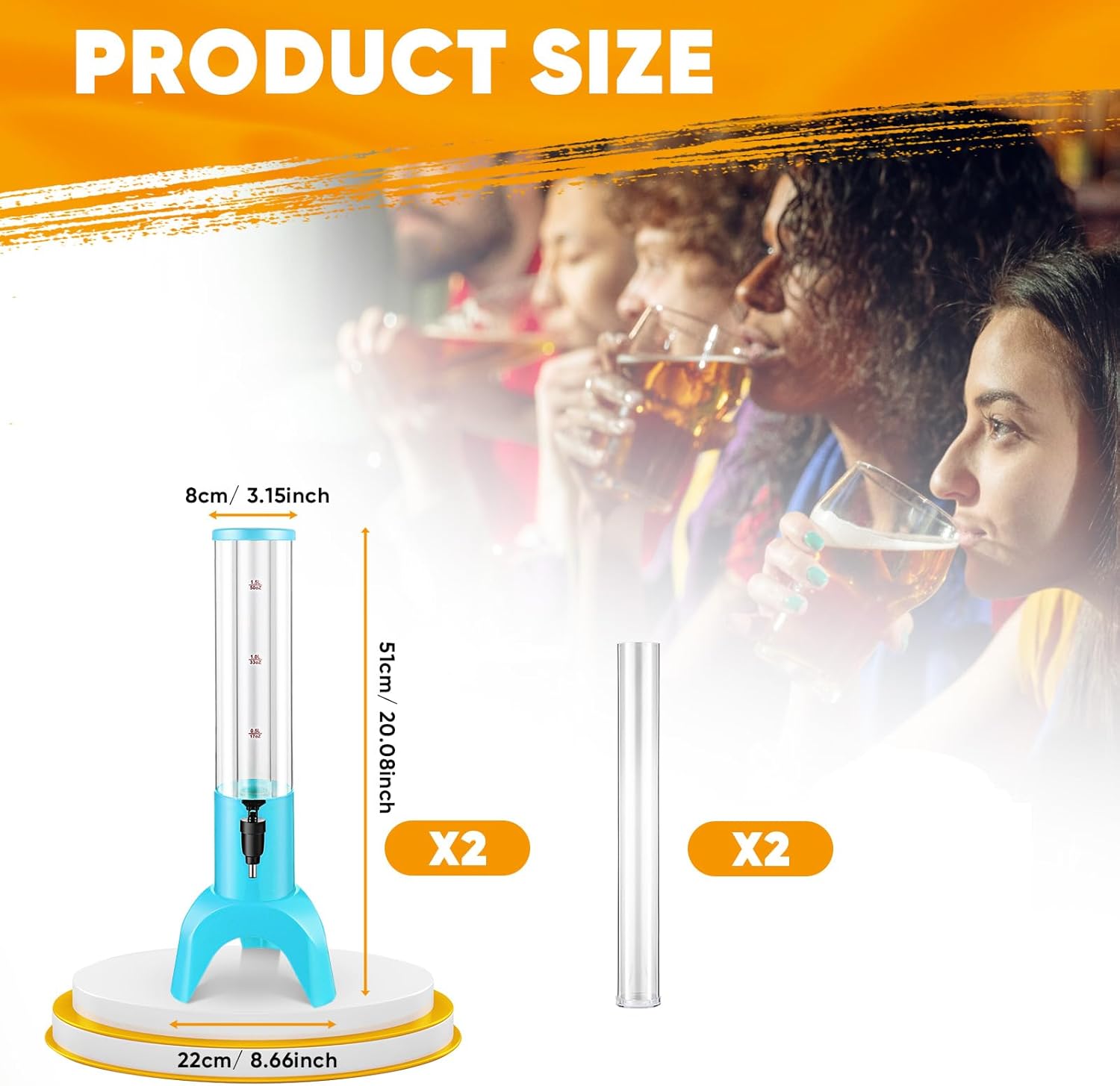 Baderke 2 Pcs Drink Tower 1.5L Tabletop Mimosa Tower Beverage Dispensers Beer Dispenser with Ice Tube for Liquor Juice Water Alcohol Wine Home Bar Party (Blue)