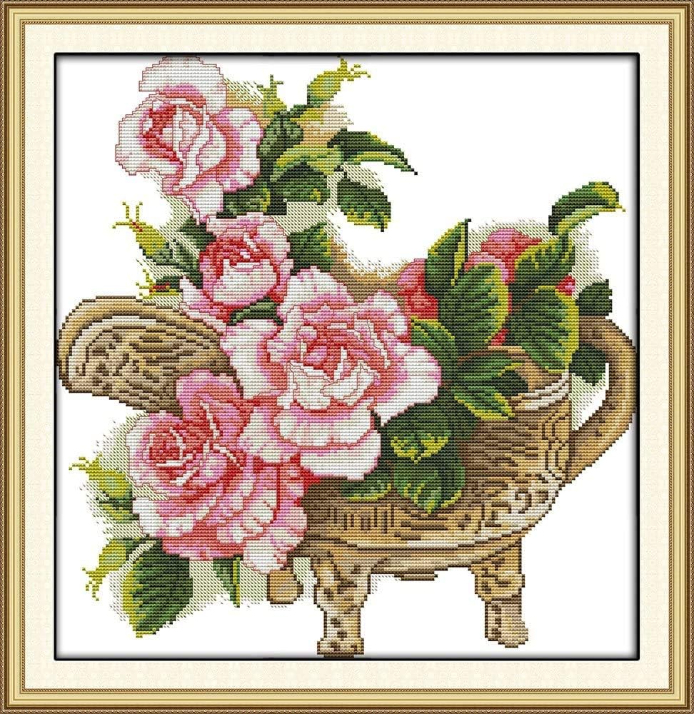 Happy Forever Cross Stitch Kits 11CT Stamped Patterns for Kids and Adults, Preprinted Embroidery kit for Beginner, Blessing of Flowers (H651 Peony, Size 17''x18'')