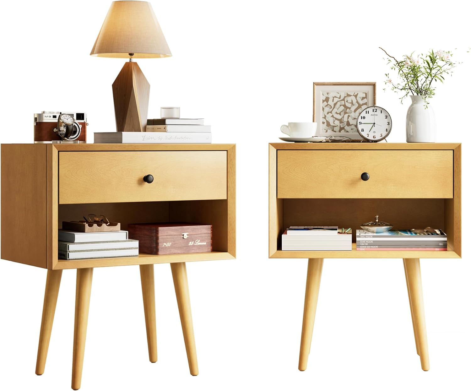 AMERLIFE Solid Wood Nightstand Set of 2, Fully Assembled End Table with Storage Drawer & Open Cubby, Mid-Century Modern Side Table for Bedroom, Natural