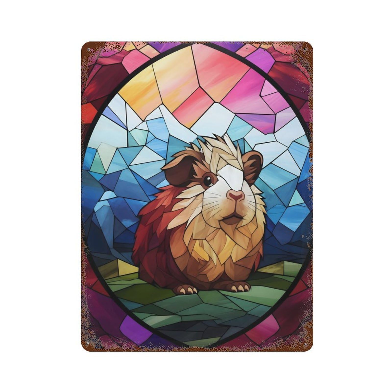 Rust Effect Guinea Pig Stained Glass Rusty Metal Tin Sign 15.7"x11.8", Old School Wall Decor for Basement, Hobby Room And Garage Decor