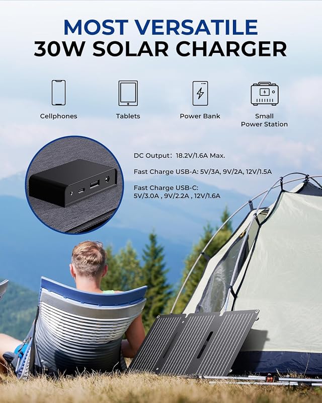 BigBlue 30W napelemes töltő állvánnyal, IP65 vízálló, USB-C és USB-A portokkal
