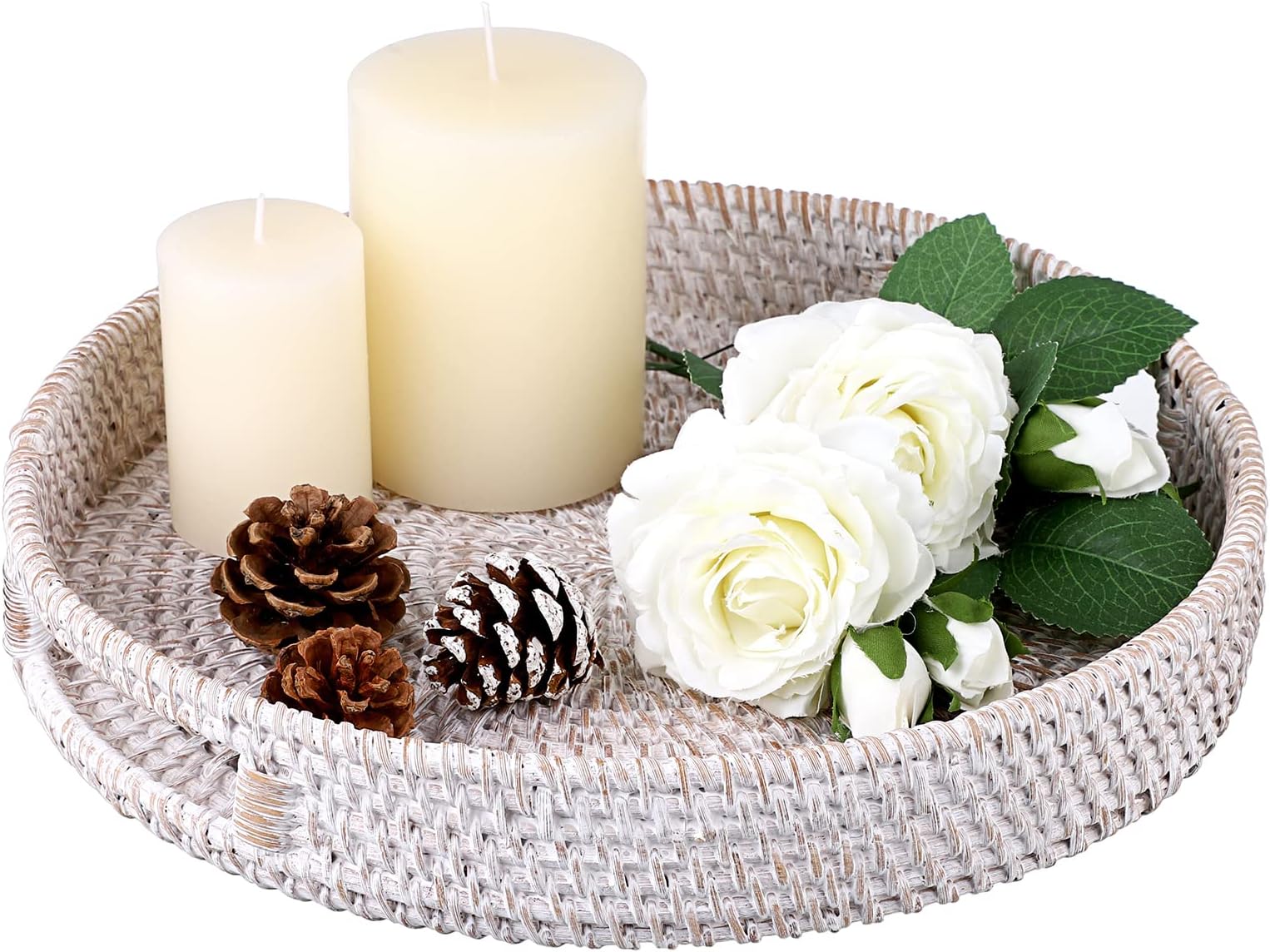 IGNPION Rattan Serving Tray 30cm Decorative Display Tray with Handle Desktop Organiser for Tableware, Makeup, Vanity, Jewelry, Candle, Ornament Whitewash