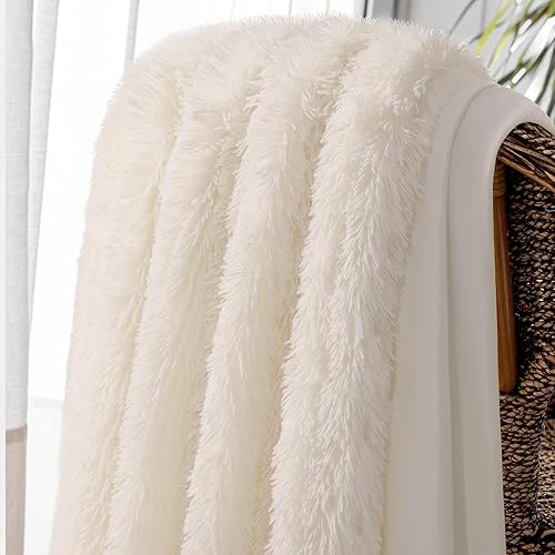 Miniatura 7 de KANKAEU Manta de piel sintética tamaño individual de 60 x 80 pulgadas, manta color crema para sofá, mantas y mantas suaves reversibles, manta