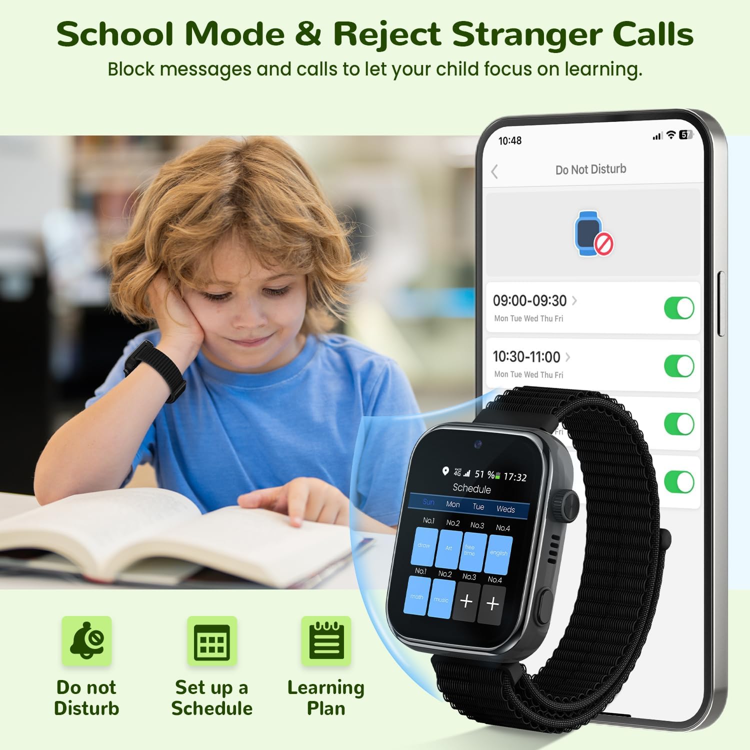 Image showing a child studying with the smartwatch on, and a smartphone screen displaying the 'School Mode' settings with options to set schedules and enable 'Do Not Disturb'.