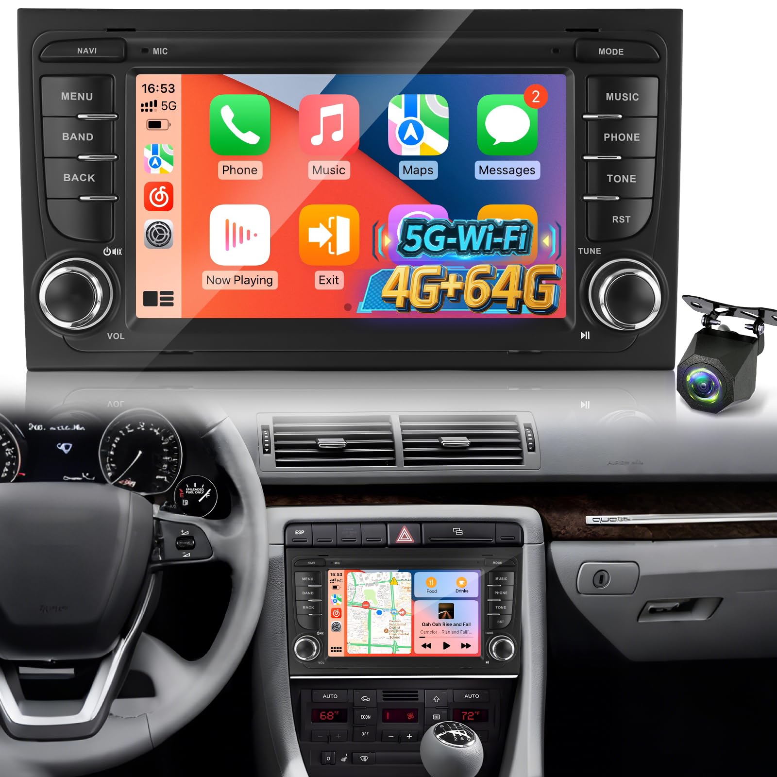 4+64 GB Android Autoradio für Audi A4 B6/B7, S4 B5/B7, RS4 B7/Sportback, Seat Exeo, Plug & Play, kabelloses CarPlay & Android Auto, WLAN, GPS, Navigation, DSP, Bluetooth + Rückfahrkamera