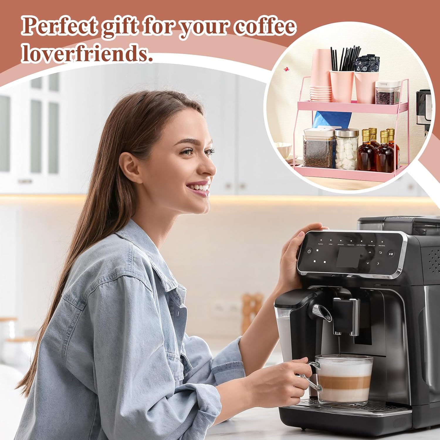 Colingmill Pink Coffee Station Organizer, 2 Tier Wooden Countertop Organizer for Coffee Bar Accessories, Condiment Storage Caddy for Kitchen, Bathroom, Office, Pink Kitchen Accessories Decor