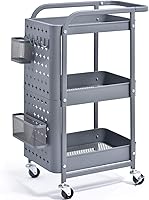 KINGRACK 3-Tier Storage Rolling Cart, Metal Push Cart with DIY Pegboard, Trolley Organizer with Utility Handle and Extra...