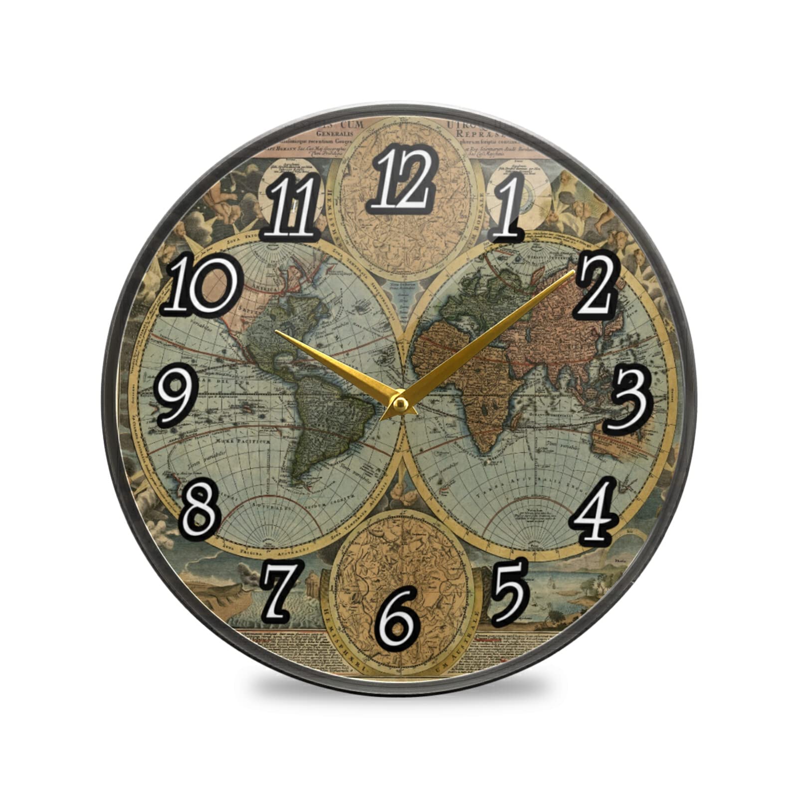 Vintage Old World Map Wall Clock, Silent Non-Ticking Easy to Read Round Decorative Acrylic Wall Clock Art, for Living Room Home Office School 12 Inch