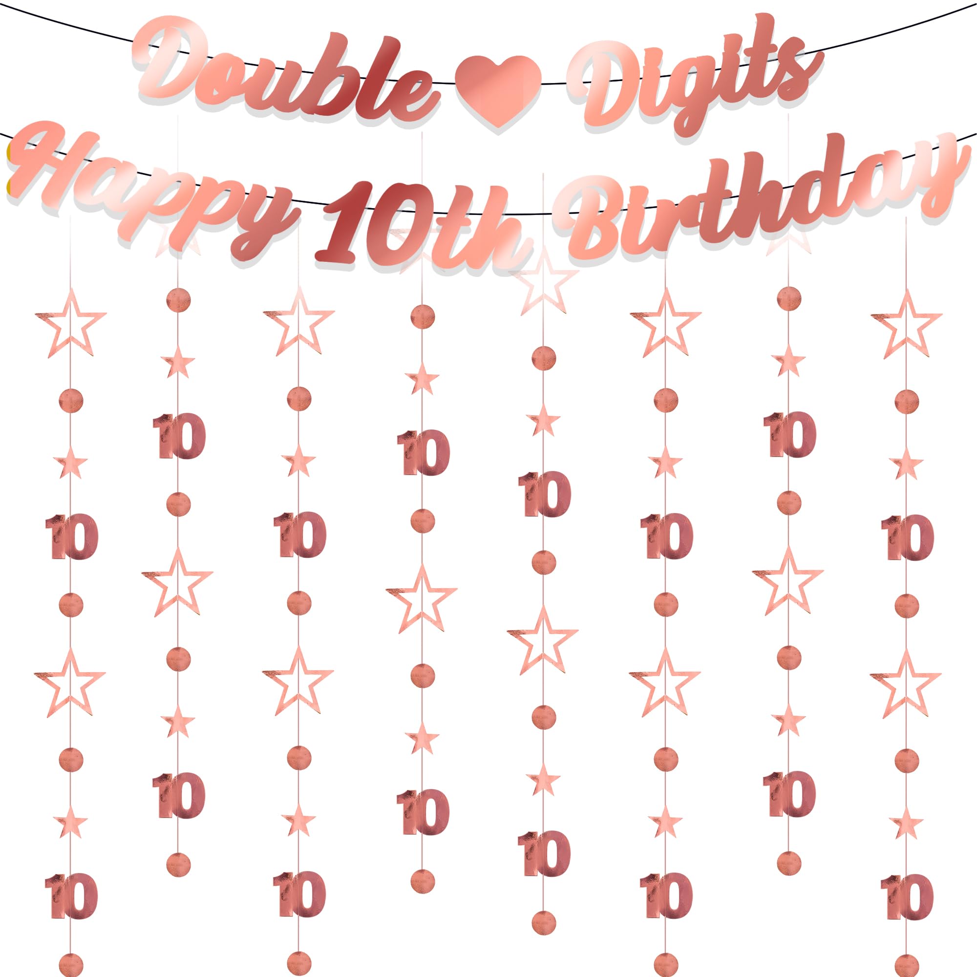 10th Birthday Decoration Banner Girls - 10 Pcs Rose Gold Glitter Double Digits Banner Garland Metallic Star Dot Hanging Streamer Bunting For Ten Year Old Party Background Decor Supplies