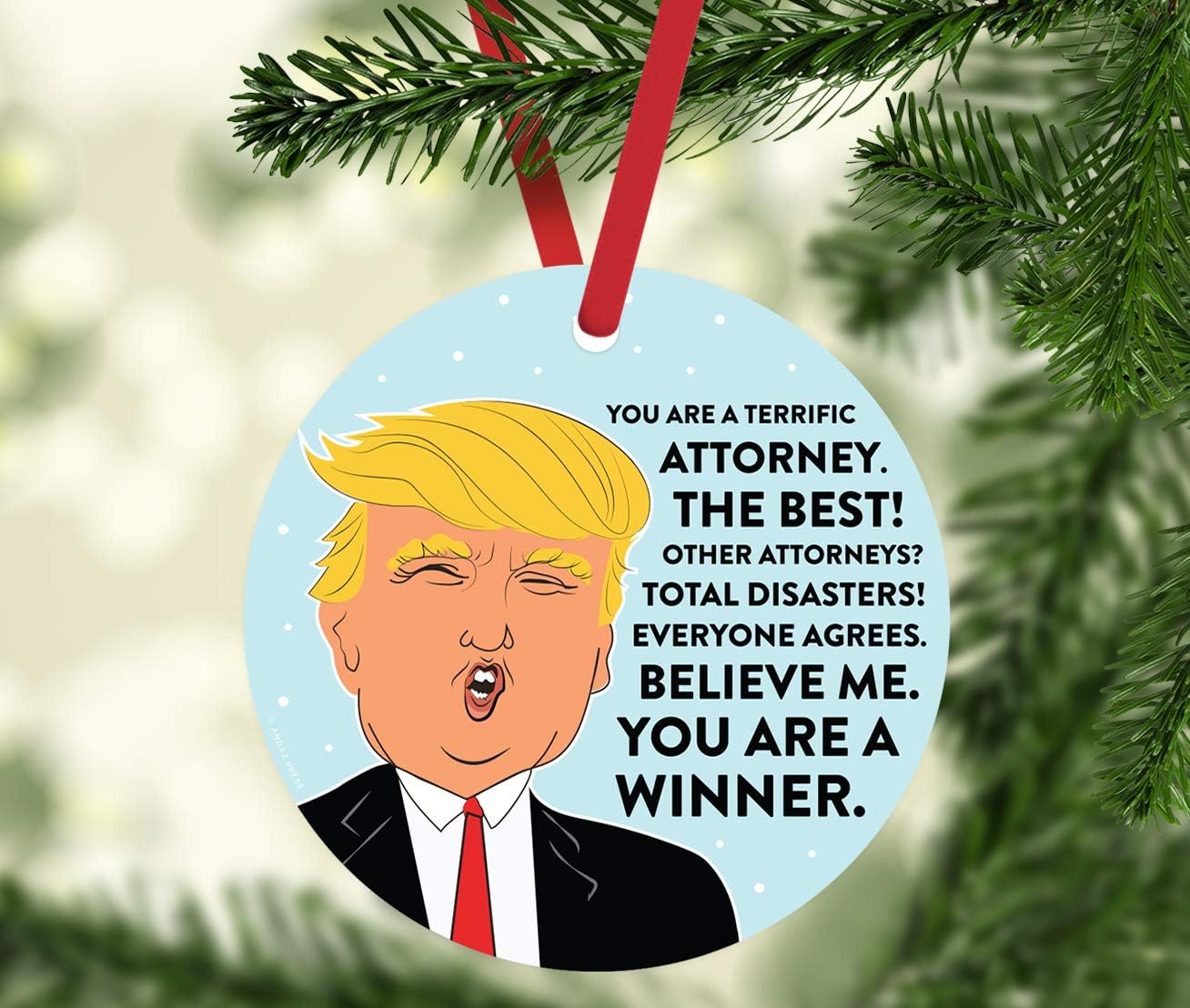 Andaz Press Round Natural Wood MDF Christmas Ornament Gift, Funny President Donald Trump, Terrific Attorney, 1-Pack, Includes Ribbon, Keepsake Gifts for Coworkers