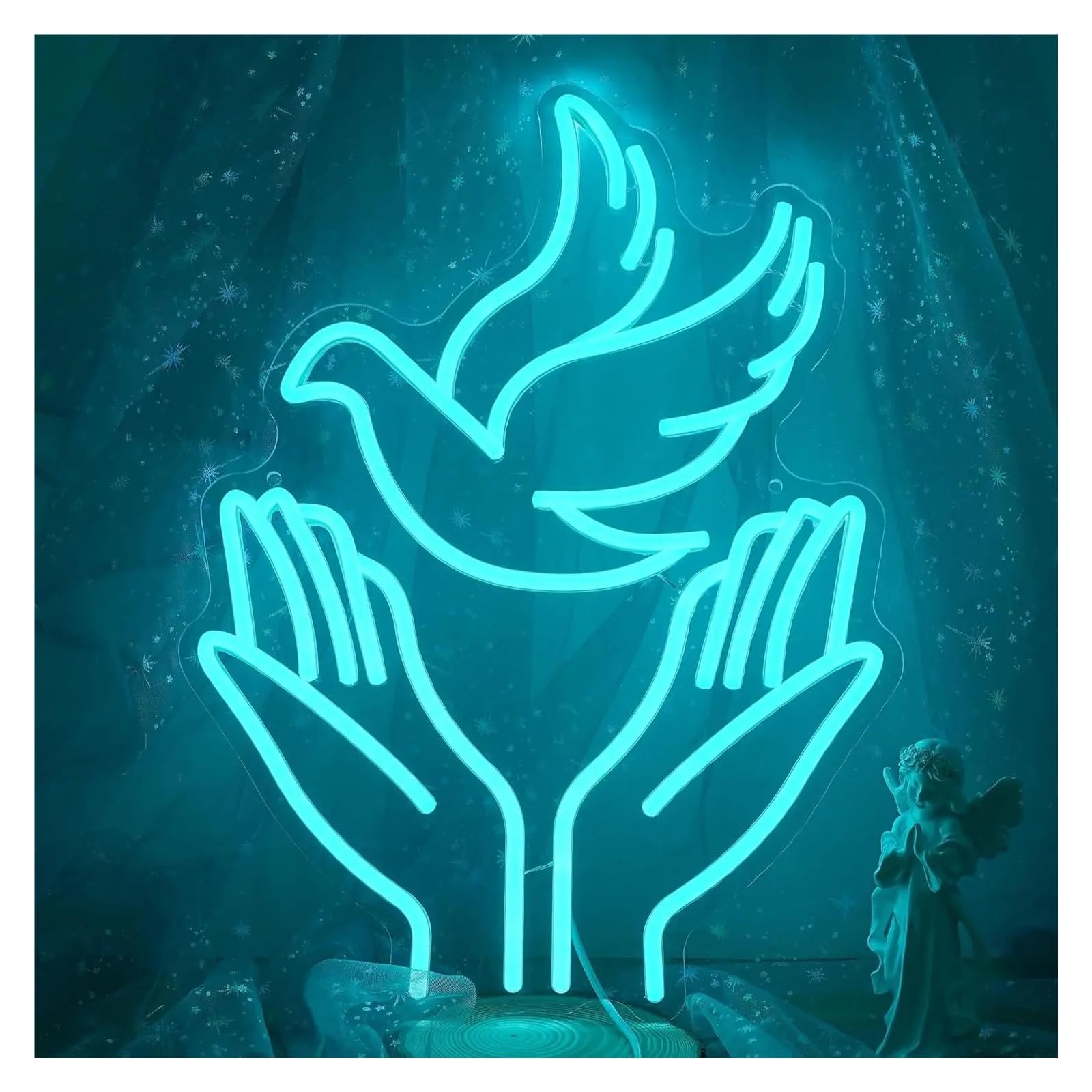 RONGCH Hanging Art Neon Signs Peace Dove Neon Sign Ice Blue Dimmable Wall Decor for Christian Church Easter Party Club Bedroom Prayer Room 42x32cm