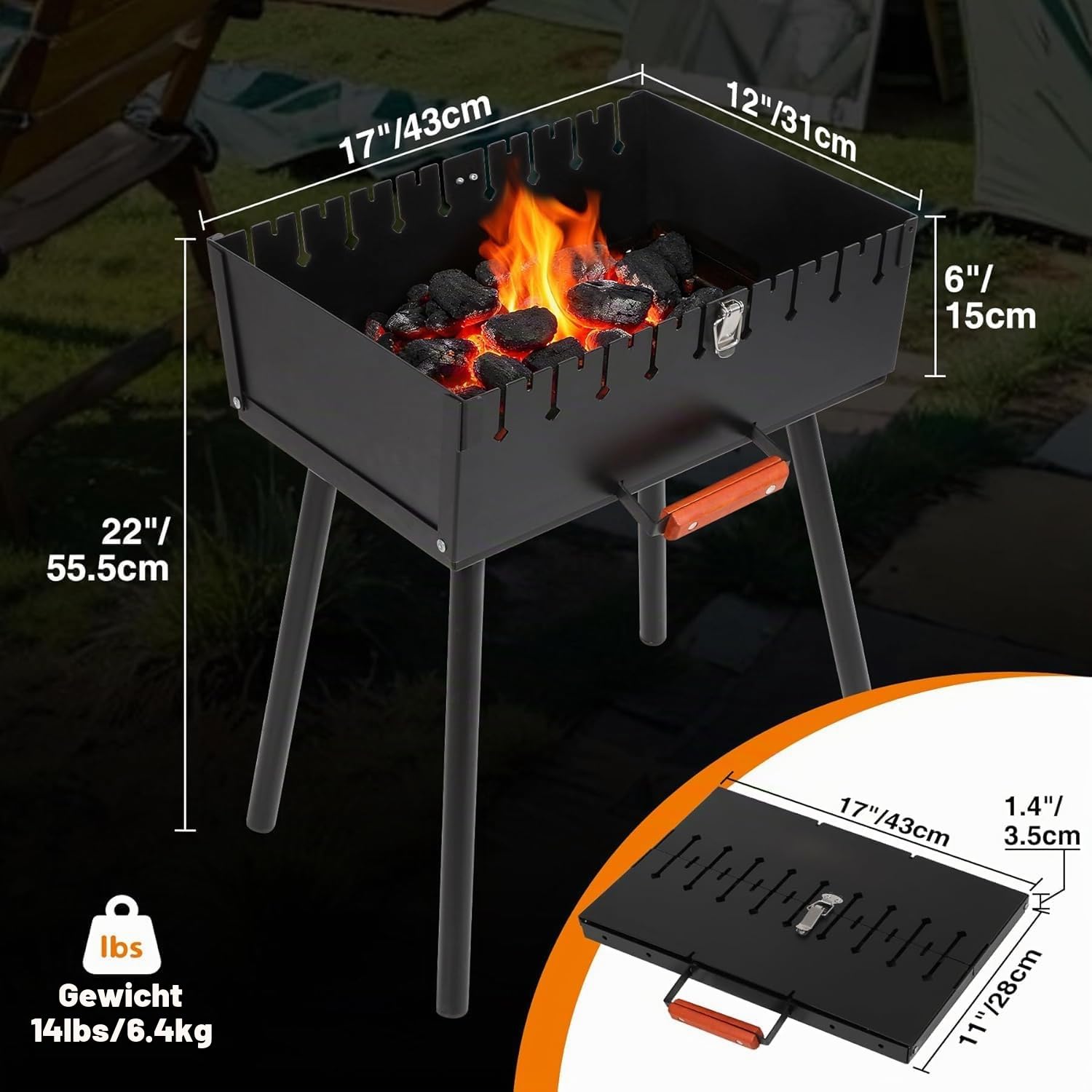 REDCAMP Mangal Grill Schaschlik, Tragbarer, 2 Spießhöhen, für 16 Spieße | langsam, scharf, Klappbar, Holzkohlegrill, Outdoorgrill, robust, langlebig, für Camping Garten Picknick Reisen Strand Balkon