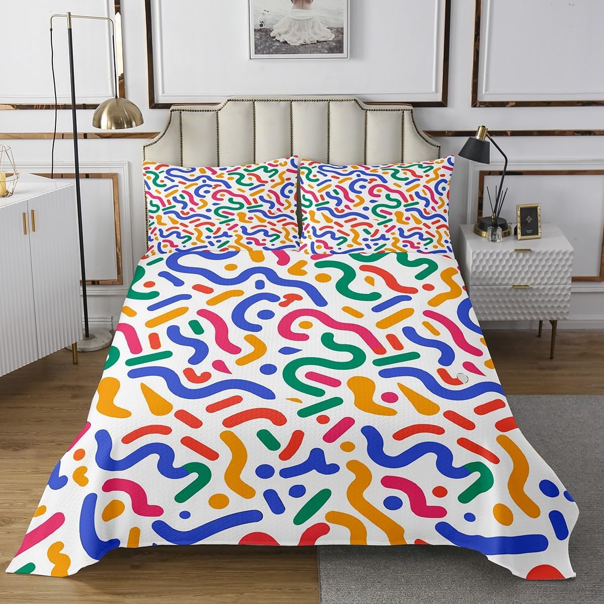 Rainbow Lines Striped Quilt Set Stripes Line Art Bedspread Set,80s 90s Memphis Coverlet Set Geometric Abstract Colorful Dots Funky Hipster Bed Set King,Geometric Watercolor Pop Art Room Decor