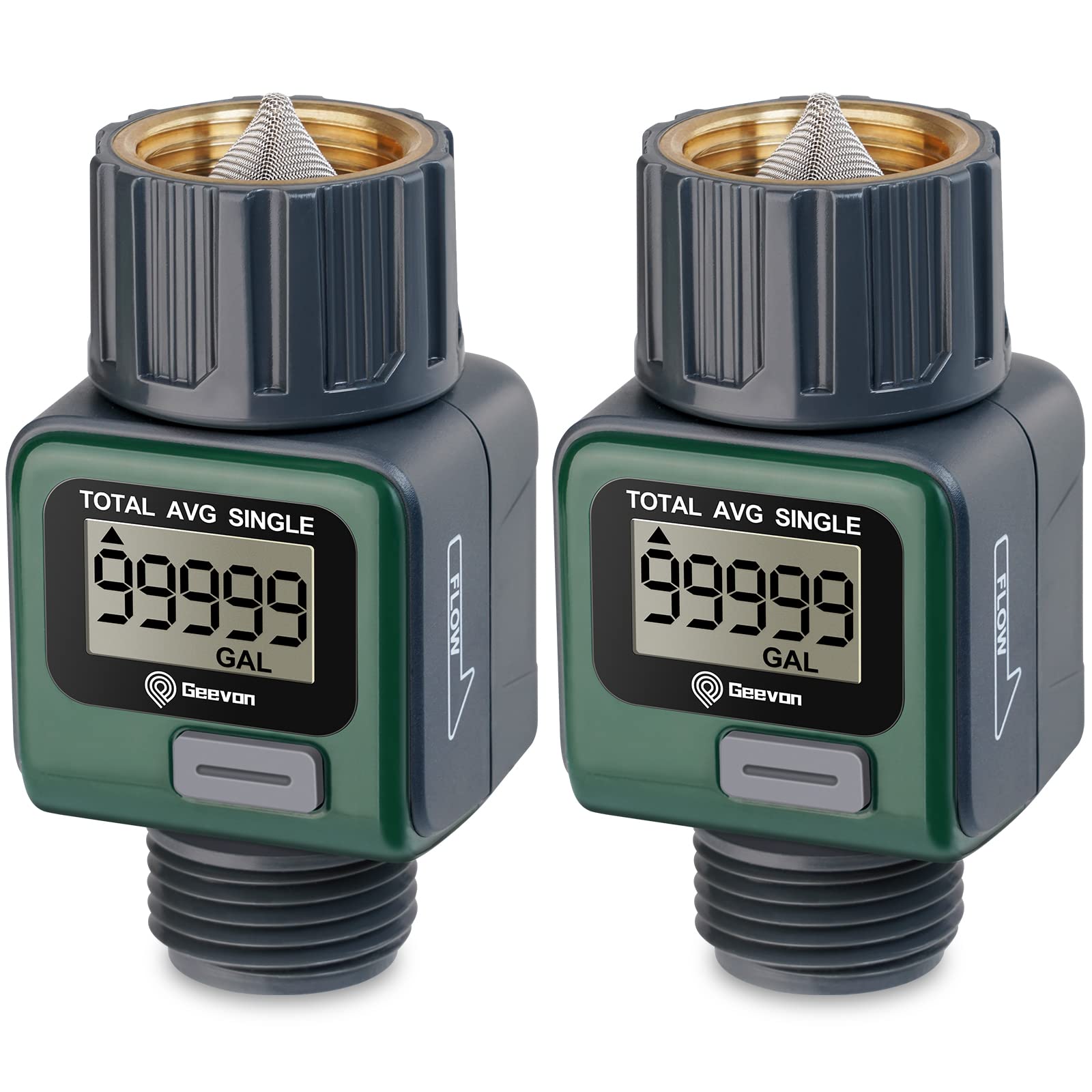 Geevon Garden Hose Water Flow Meter with Brass Inlet Metal Thread, High Accuracy & IPX6 Waterproof for Outdoor Garden Watering, RV Water Tank Filling, Lawn Sprinkler, and Nozzle Sprayer (2 Pack)