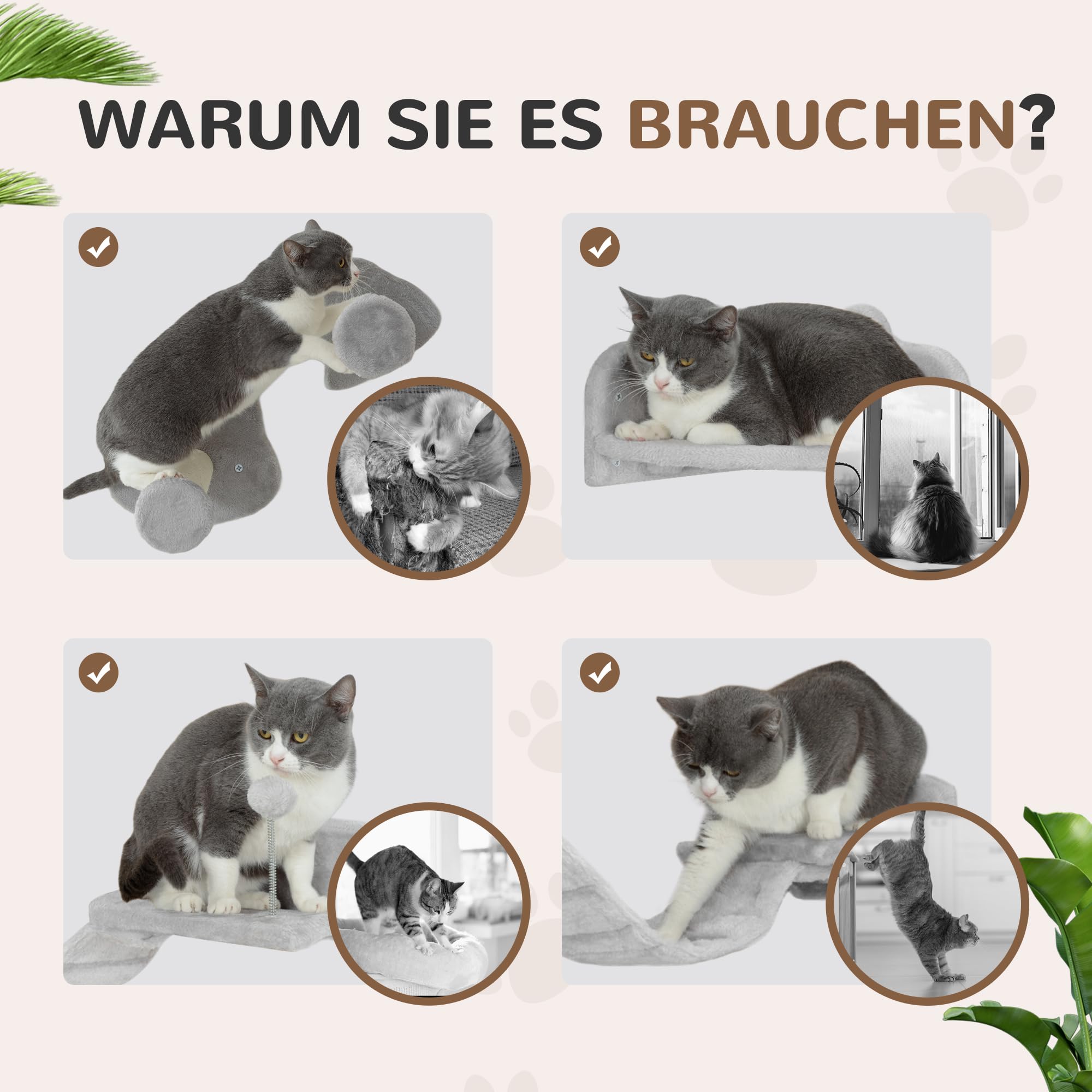 PawHut Kletterwand Katzen 4-teilig mit Kratzbäumen Set bis 5 kg Hellgrau