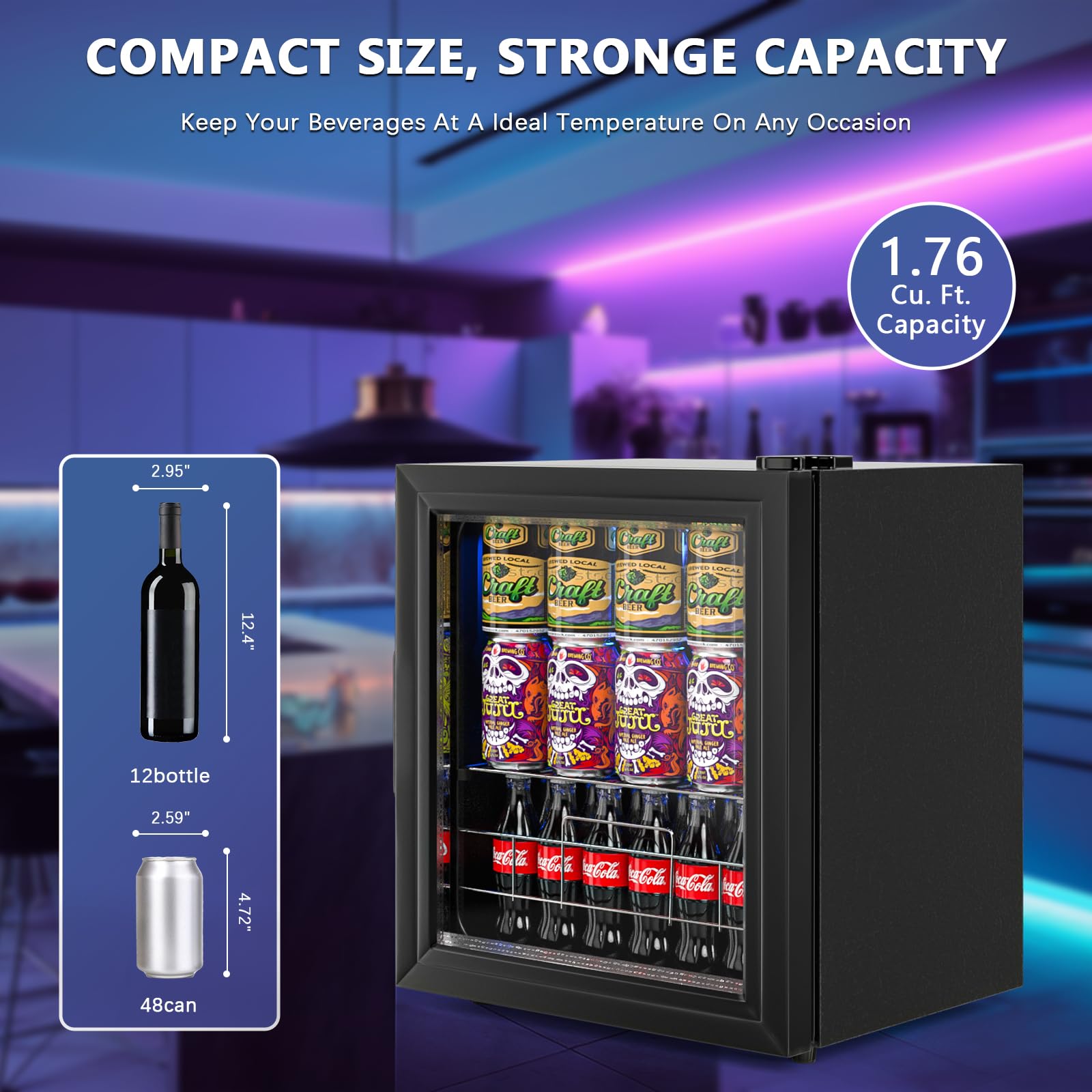 Geekman 75 Can Beverage Refrigerator, Freestanding Mini Fridge With Glass Door And Adjustable Shelving, Small Beverage Fridge For Beer, Soda Drink And Wine, Perfect For Home, Office, Dorm, And Bar on Fridge.com - View 2