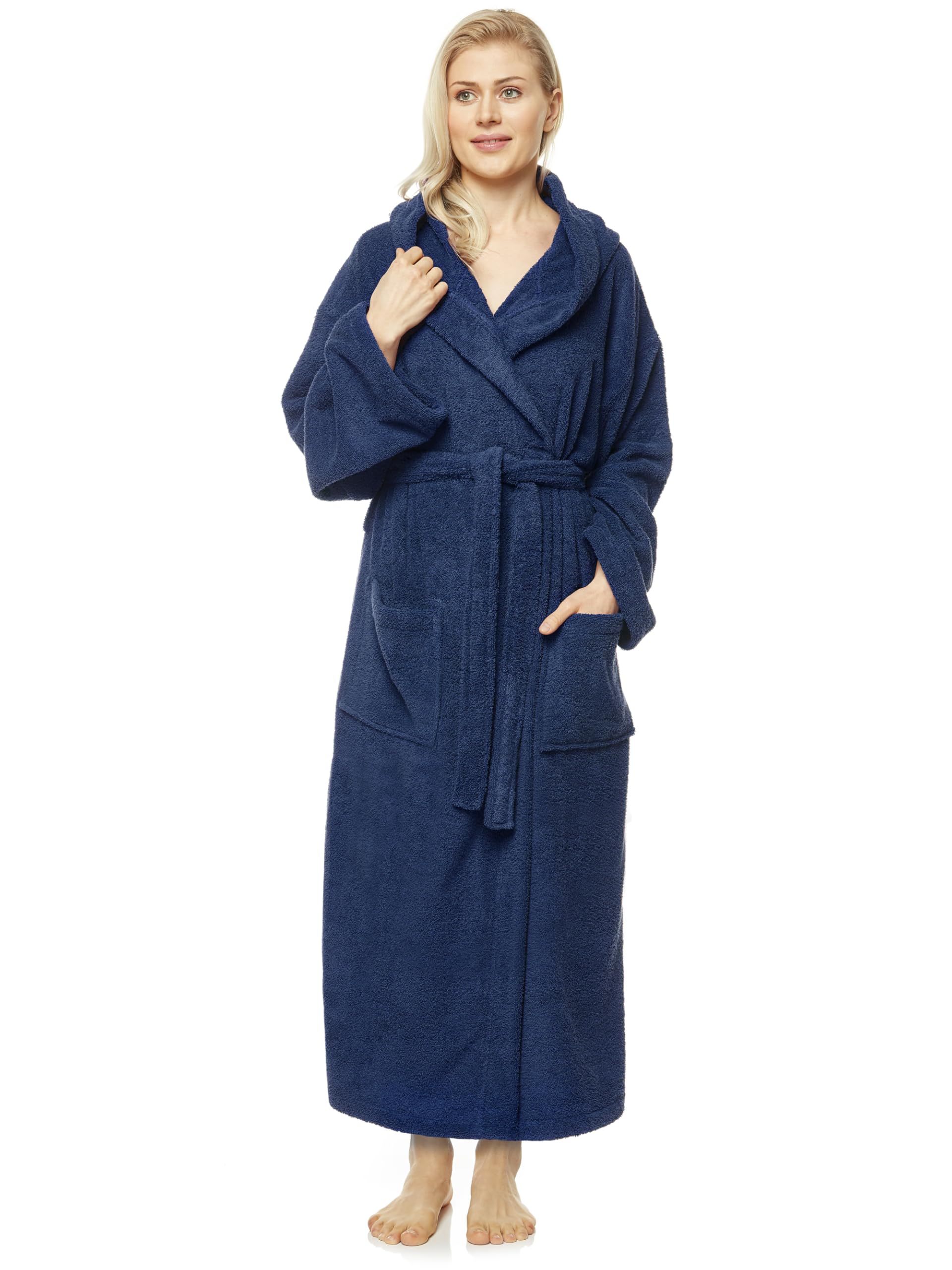 Arus Women's Navy Blue `S Bathrobe With Hood, Calf Length, 100% Cotton Terry Towelling, Marine, Xl-Xxl