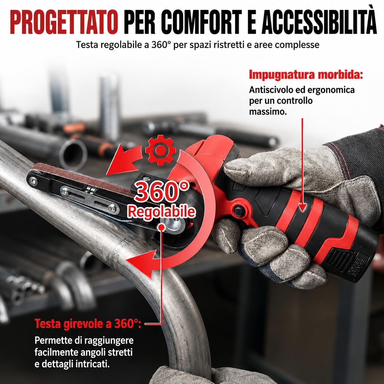 Mini Levigatrice a Nastro a Batteria 24V 10x330mm 360° con 2 Batterie 10 Nastri Abrasivi per Metallo Legno