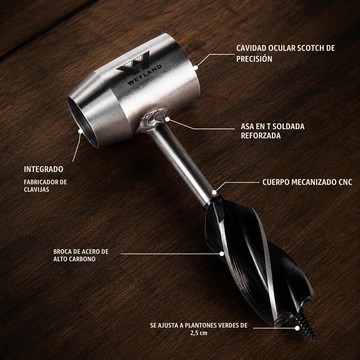 WEYLAND Herramienta de supervivencia Bushcraft de Settlers: taladro de mano de madera de ojo escocés, herramienta para hacer piquetas y agujeros, multiherramienta con vaina, herramientas para acampar
