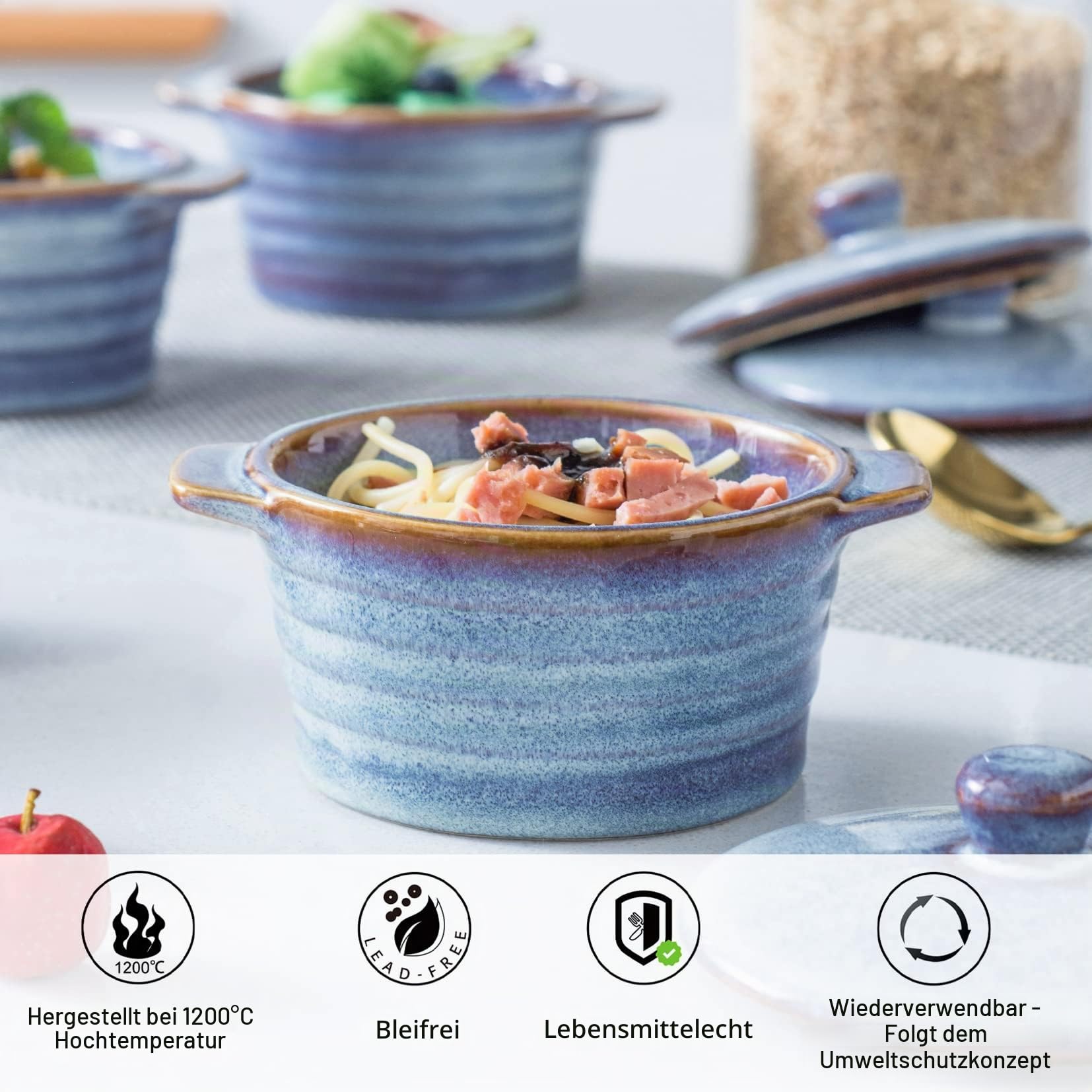 Mini Cocotte, Auflaufförmchen aus Steinzeug, 4 teilige Souffle Förmchen mit Deckel, 250 ml