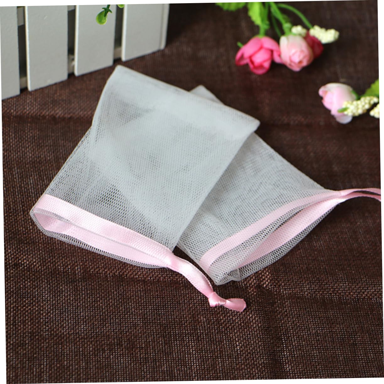 5Pcs Plastic Soap Foaming Net Pouch with Drawstring Buckle