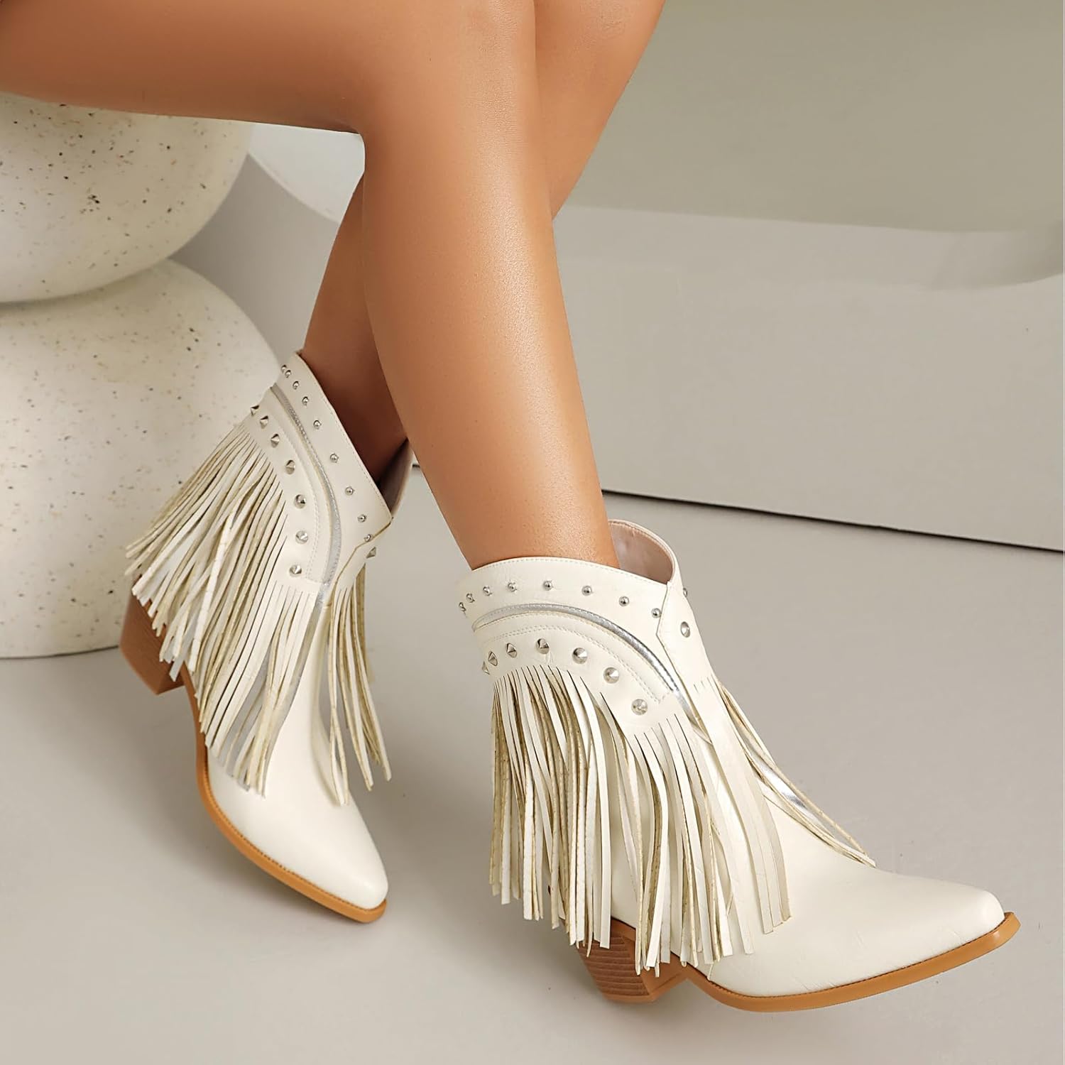 Women's Western Ankle Booties Pointed Toe Cowgirl Boots with Fringe Tassels or Sparkly Rhinestone Fashion Short Boots for Casual Daily Wear