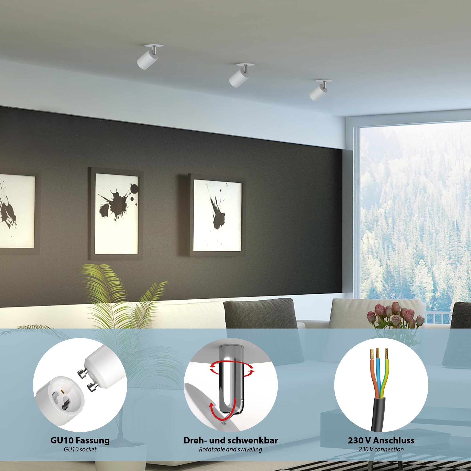 ledscom.de 5x Deckeneinbauleuchte WAIKA, weiß matt, inkl. GU10 LED (warmweiß, 7,6W, je 1103lm, 33°)