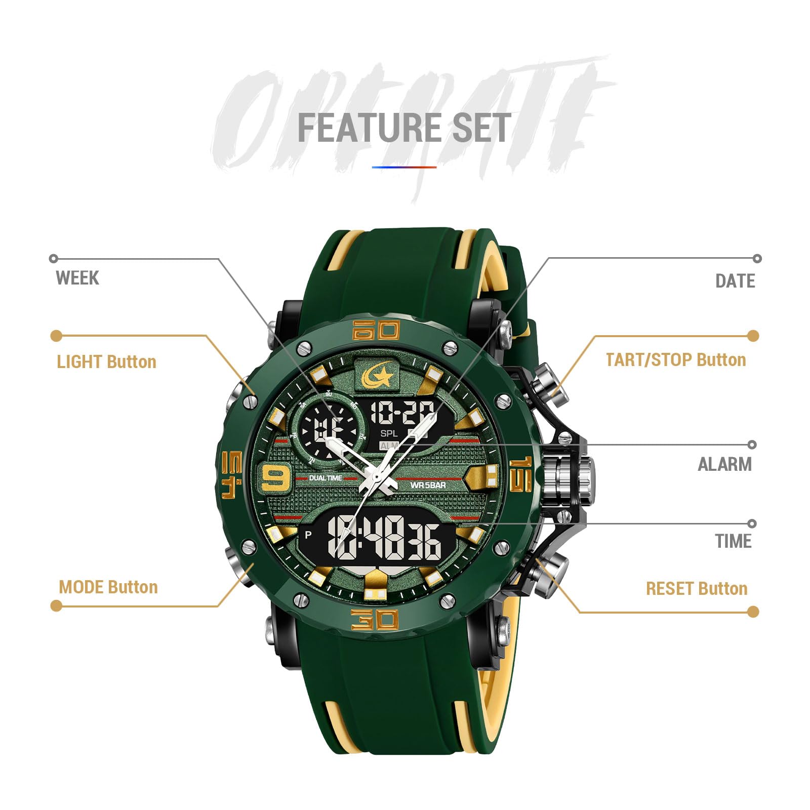 findtime Reloj de hombre militar digital analógico deportivo para exteriores, doble hora, resistente al agua, iluminación LED, esfera grande, reloj con alarma, fecha, 12/24 h, cronómetro, cronómetro